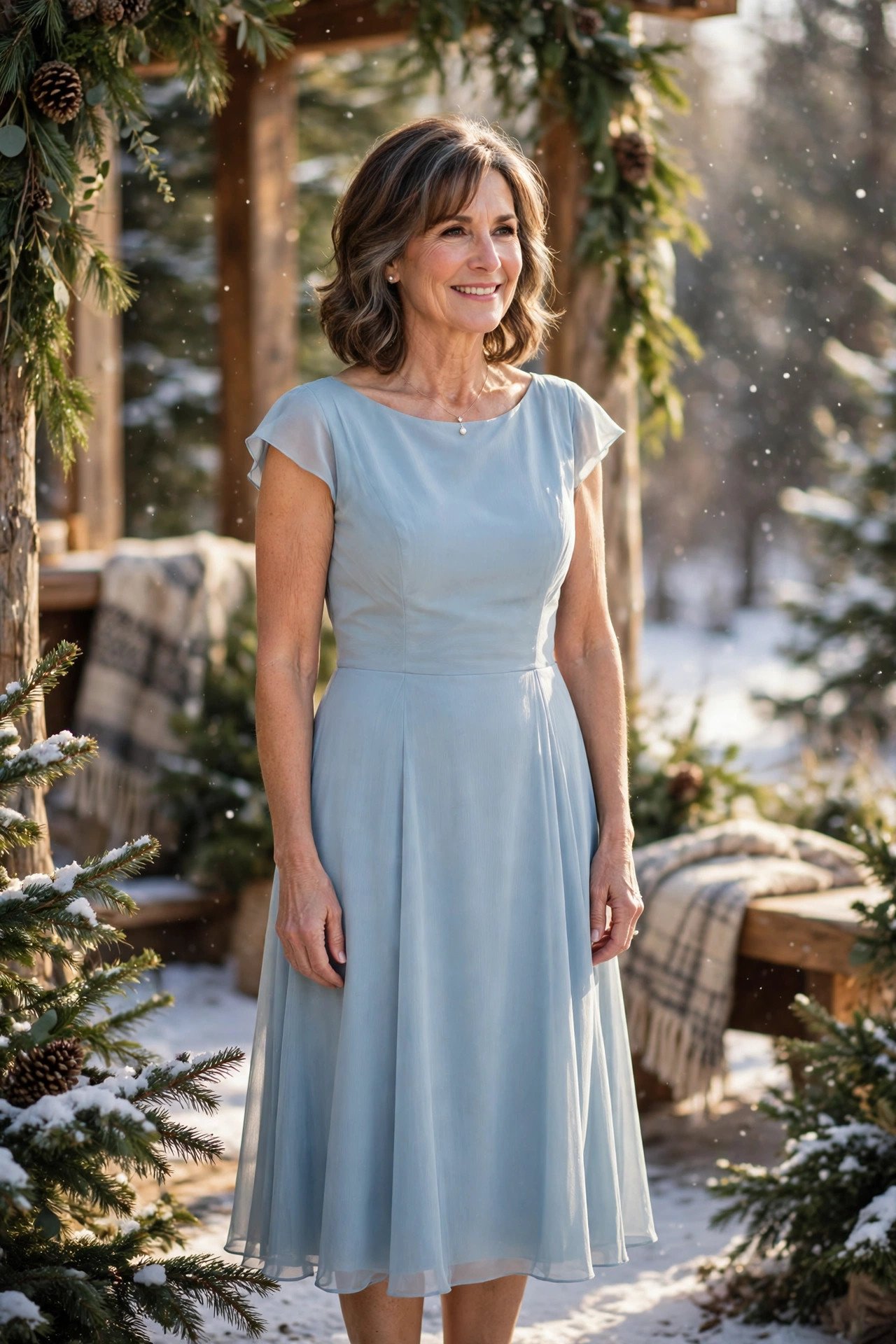 Mother of the bride in an ice blue tea-length dress with cap sleeves at a winter wedding