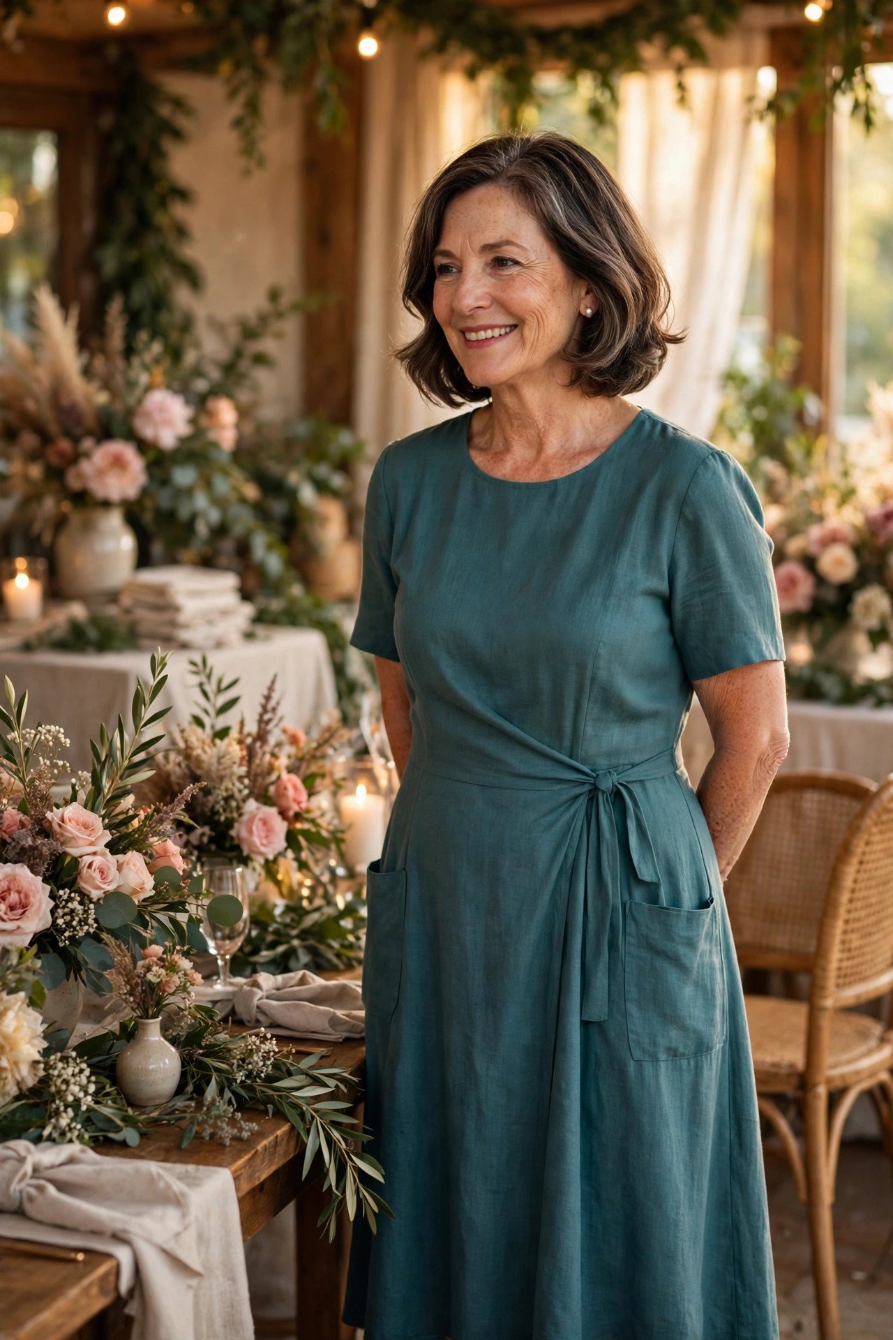 Mother of the bride wearing a teal tea-length dress with pockets at a wedding reception