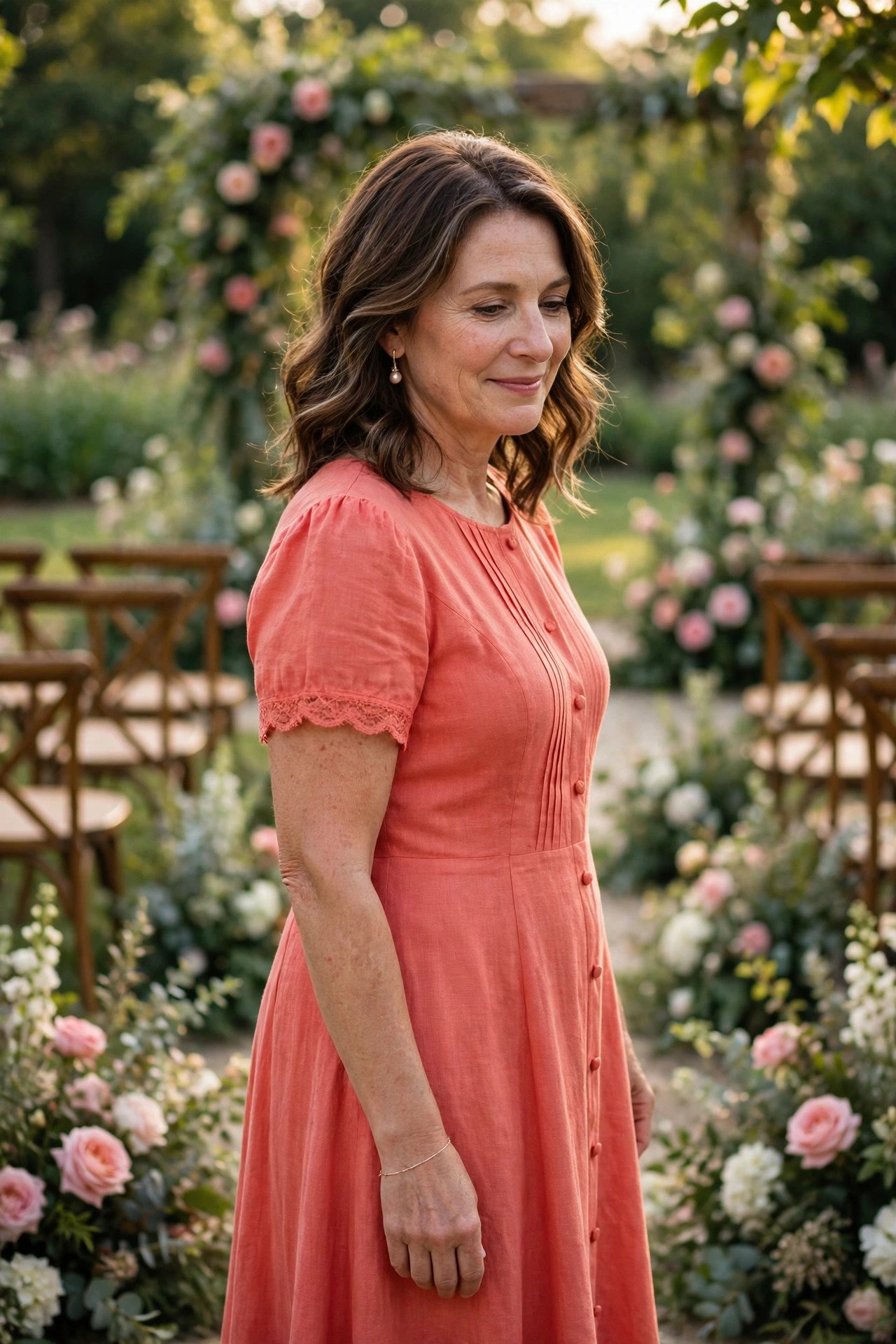 Mother of the bride in a coral tea-length dress at a summer outdoor wedding