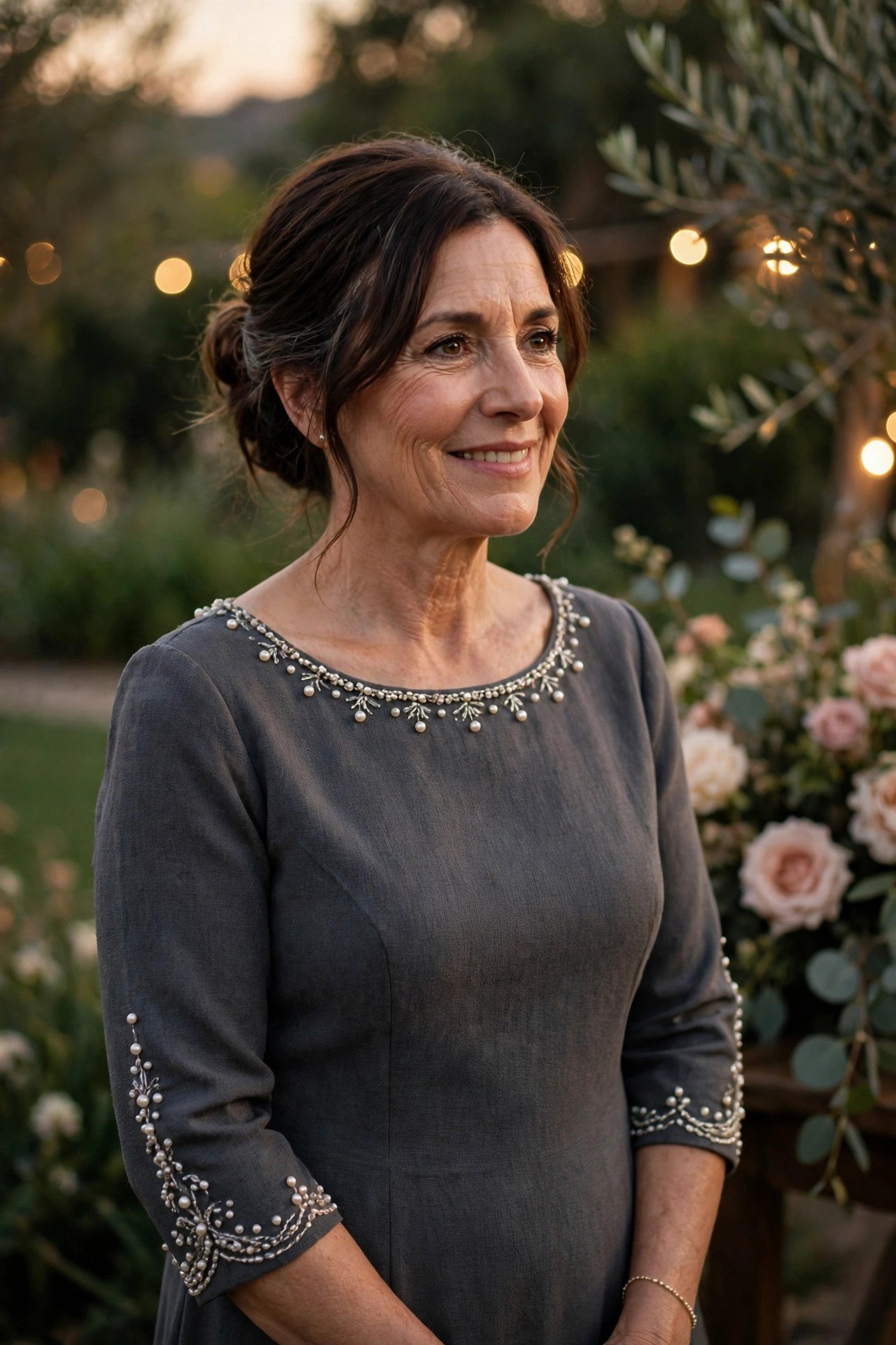 Mother of the bride wearing a charcoal tea-length dress with pearl detailing at an evening wedding
