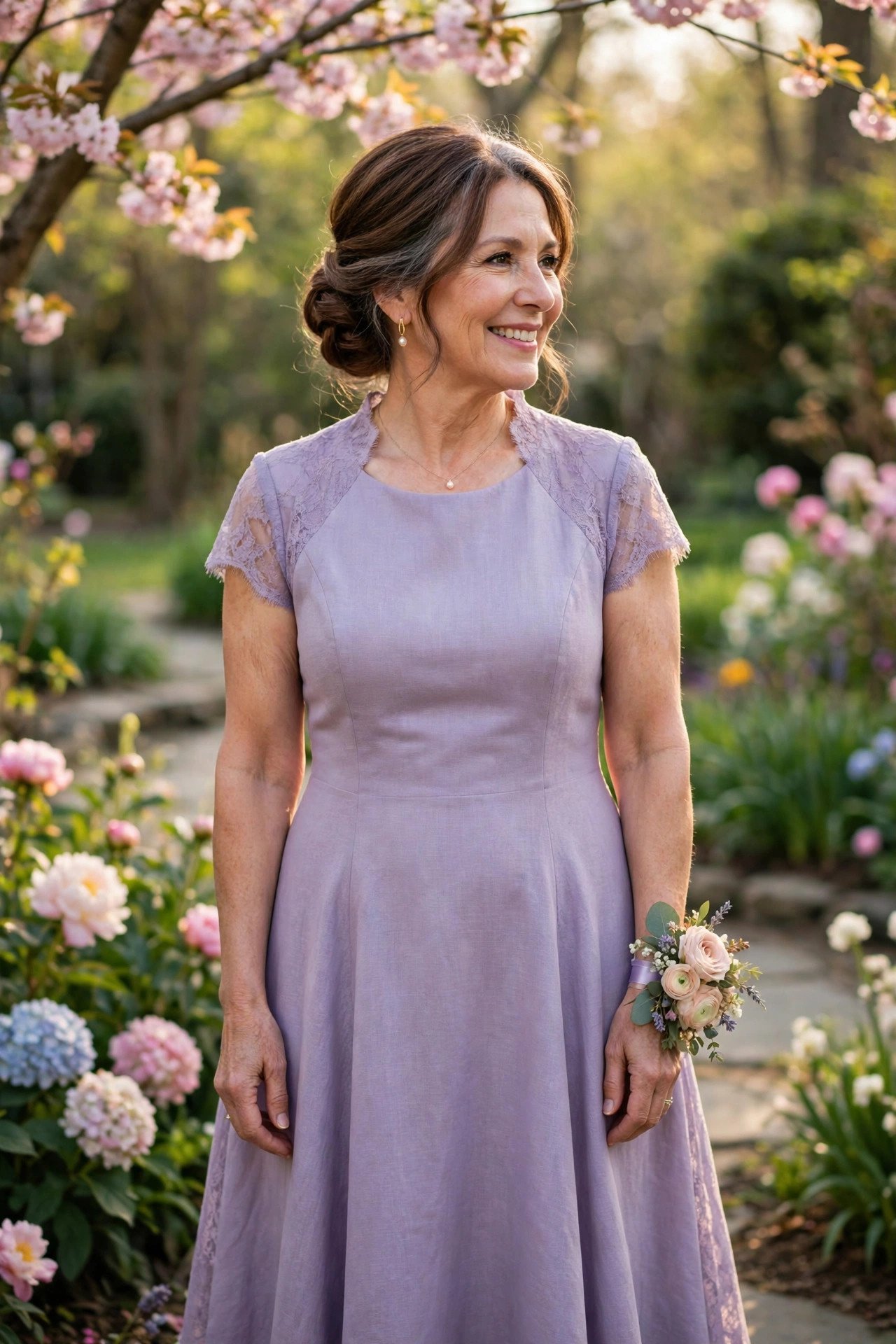 Mother of the bride in a lavender tea-length A-line dress at a spring wedding