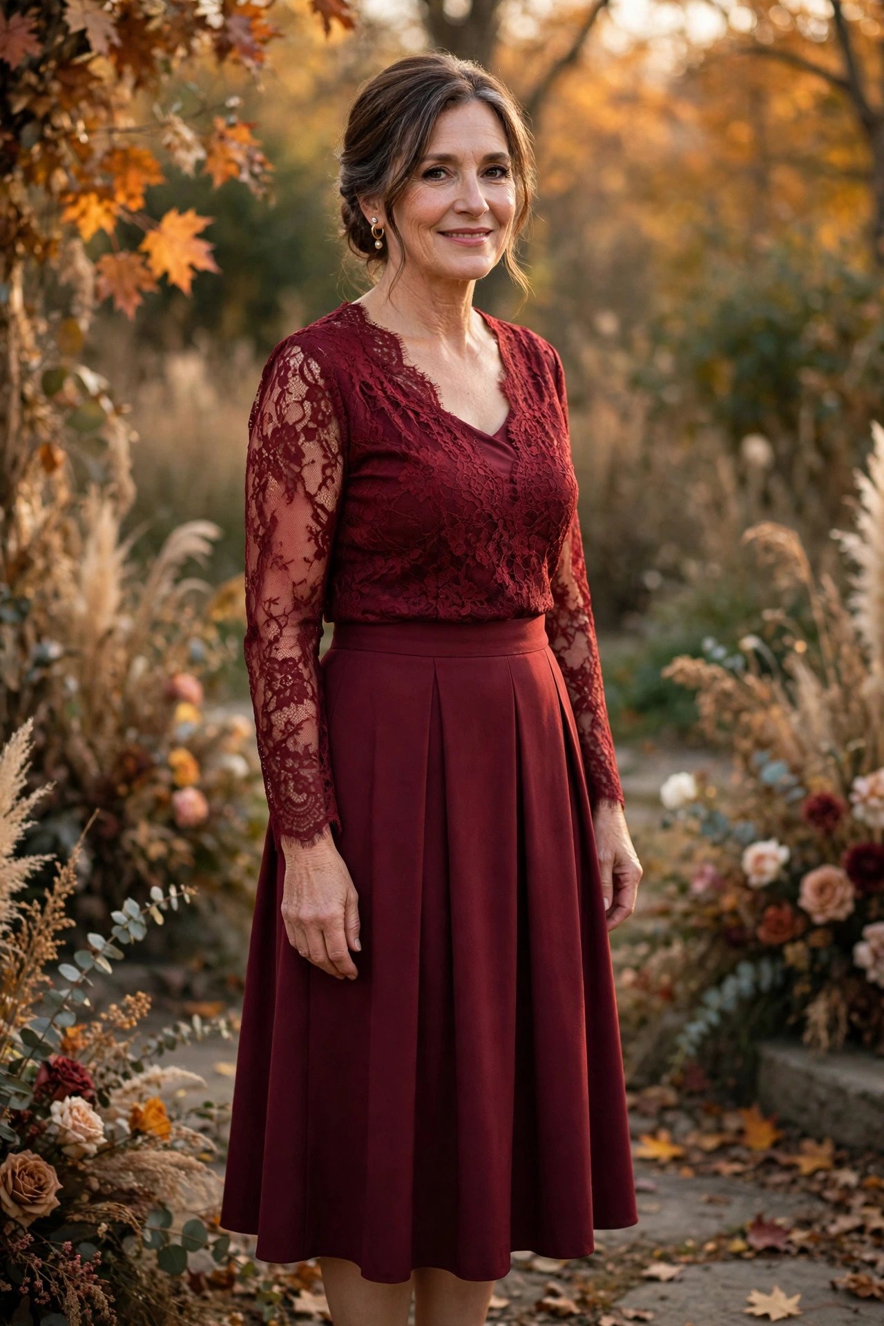 Mother of the bride wearing a wine lace top and tea-length skirt set at an autumn wedding