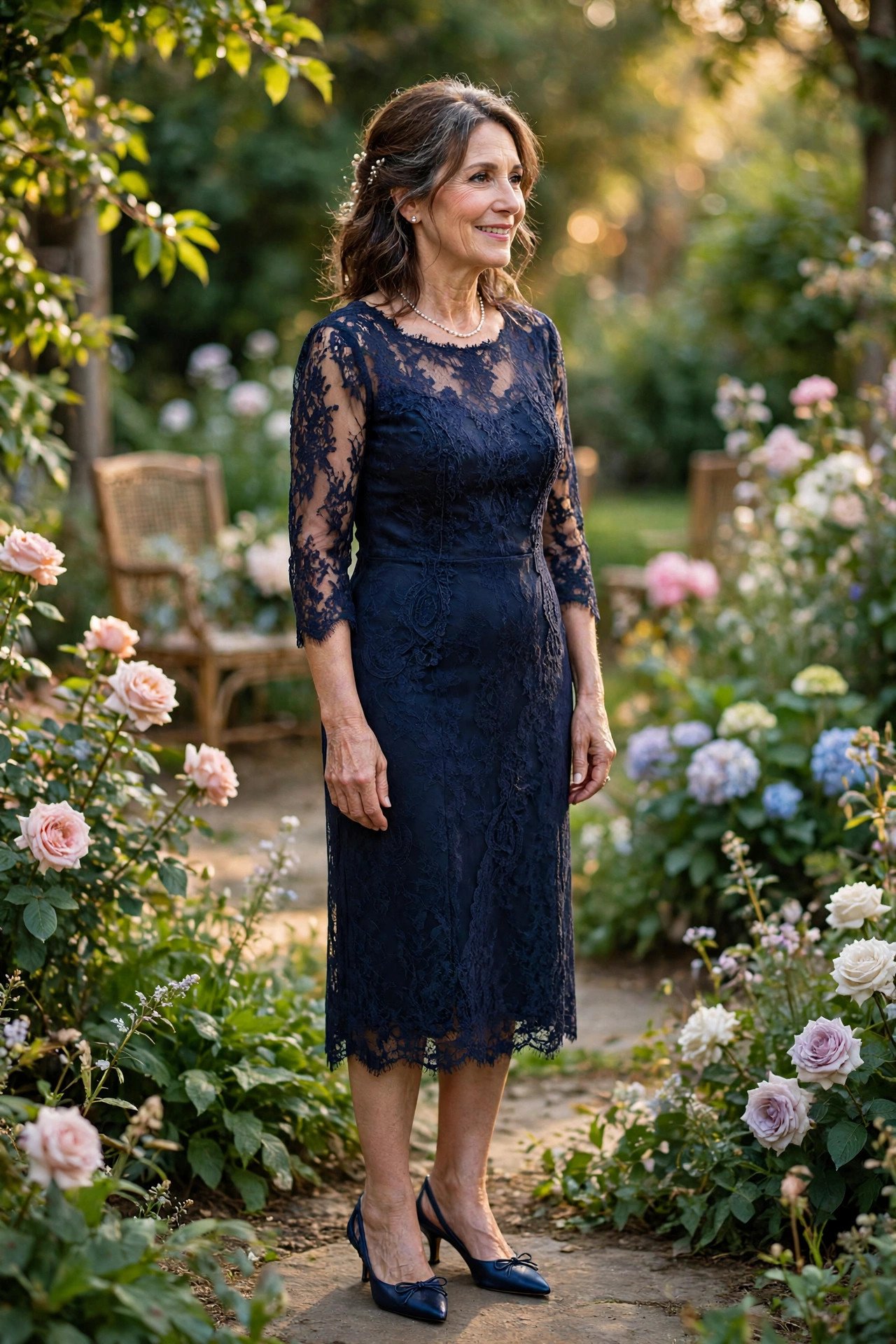 Mother of the bride in an elegant navy lace tea-length dress with pretty heels at a garden wedding