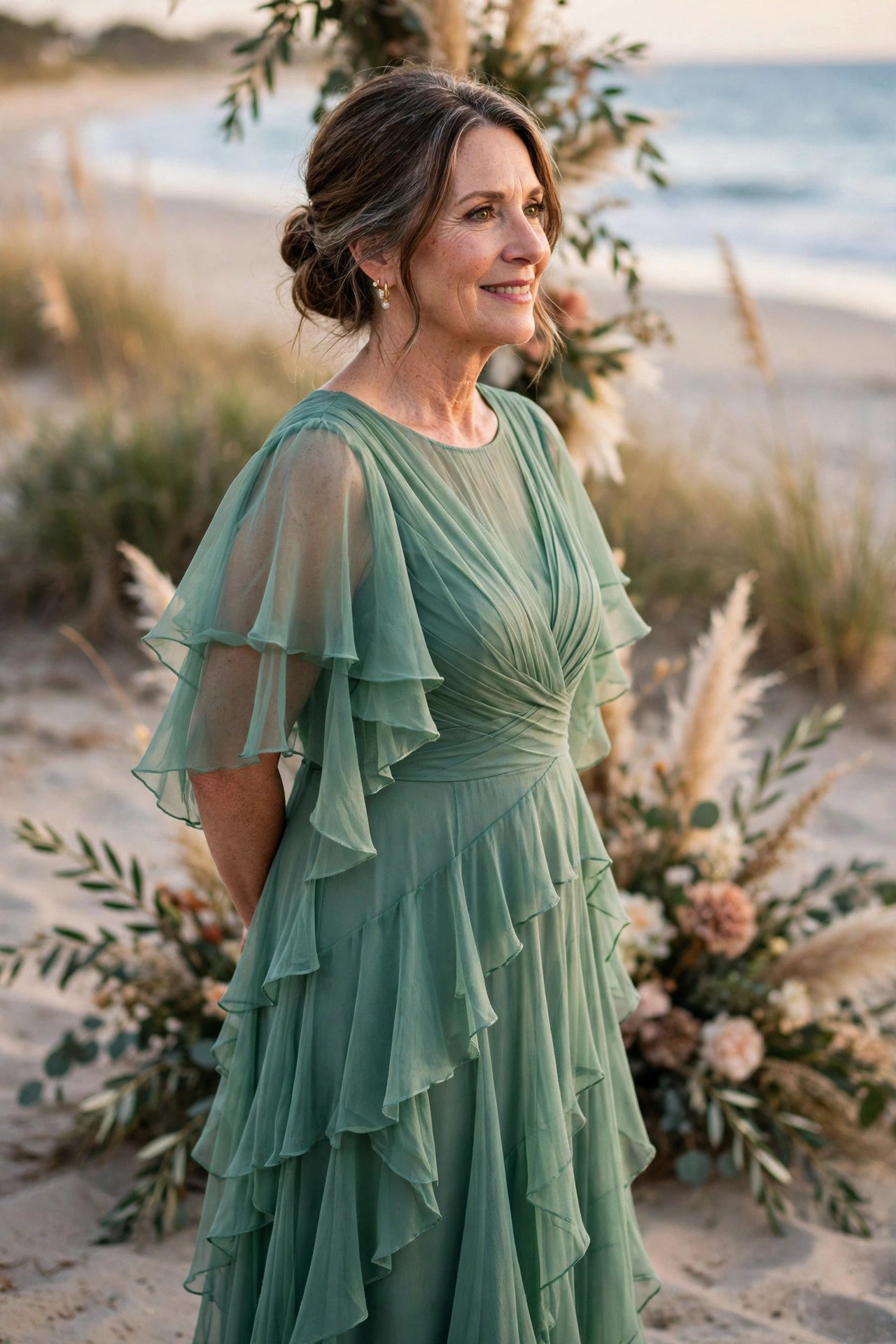 Mother of the groom in a sea glass green layered chiffon maxi dress at a beach wedding