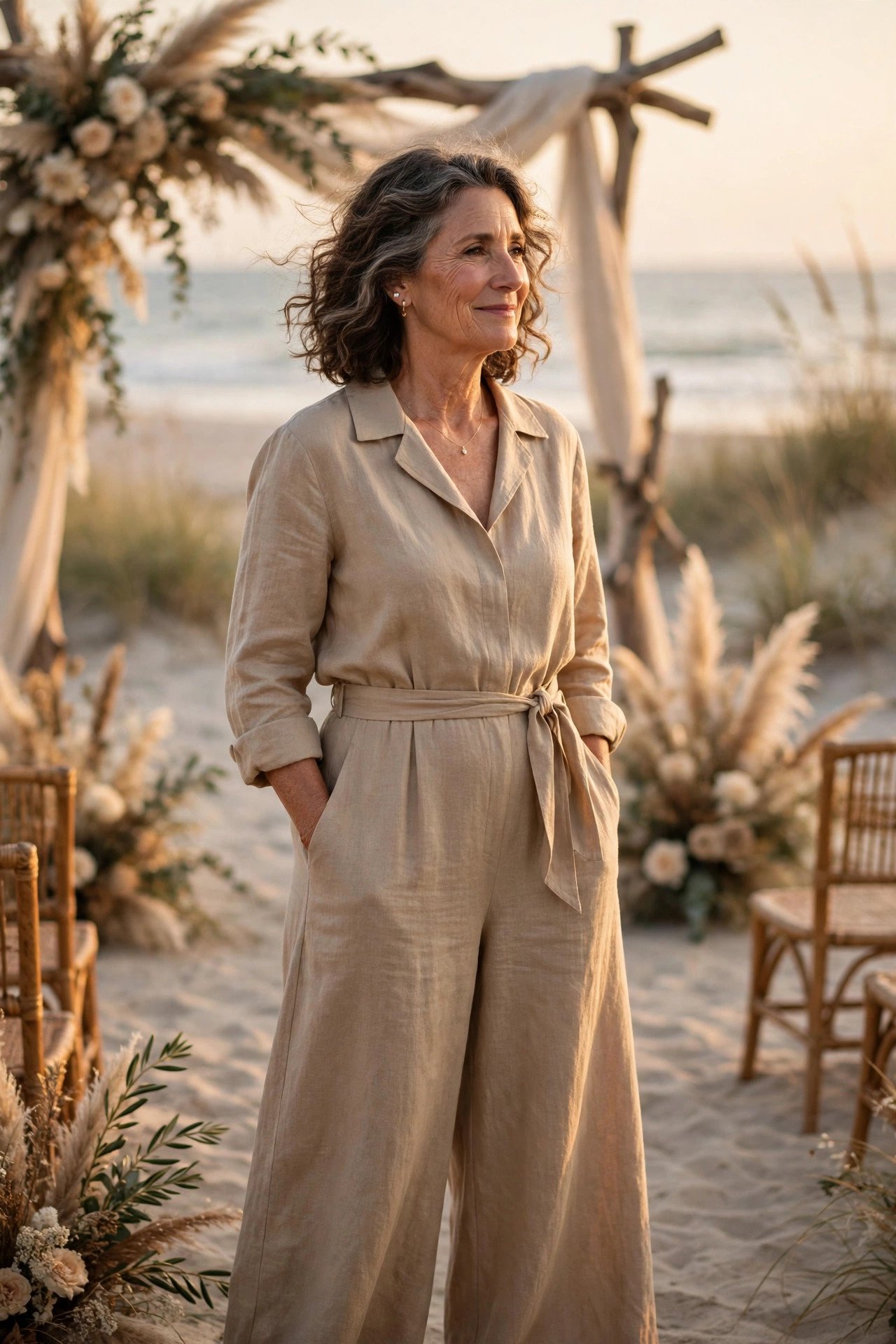 Mother of the groom in a sand-tone wide-leg jumpsuit at a modern beach wedding ceremony