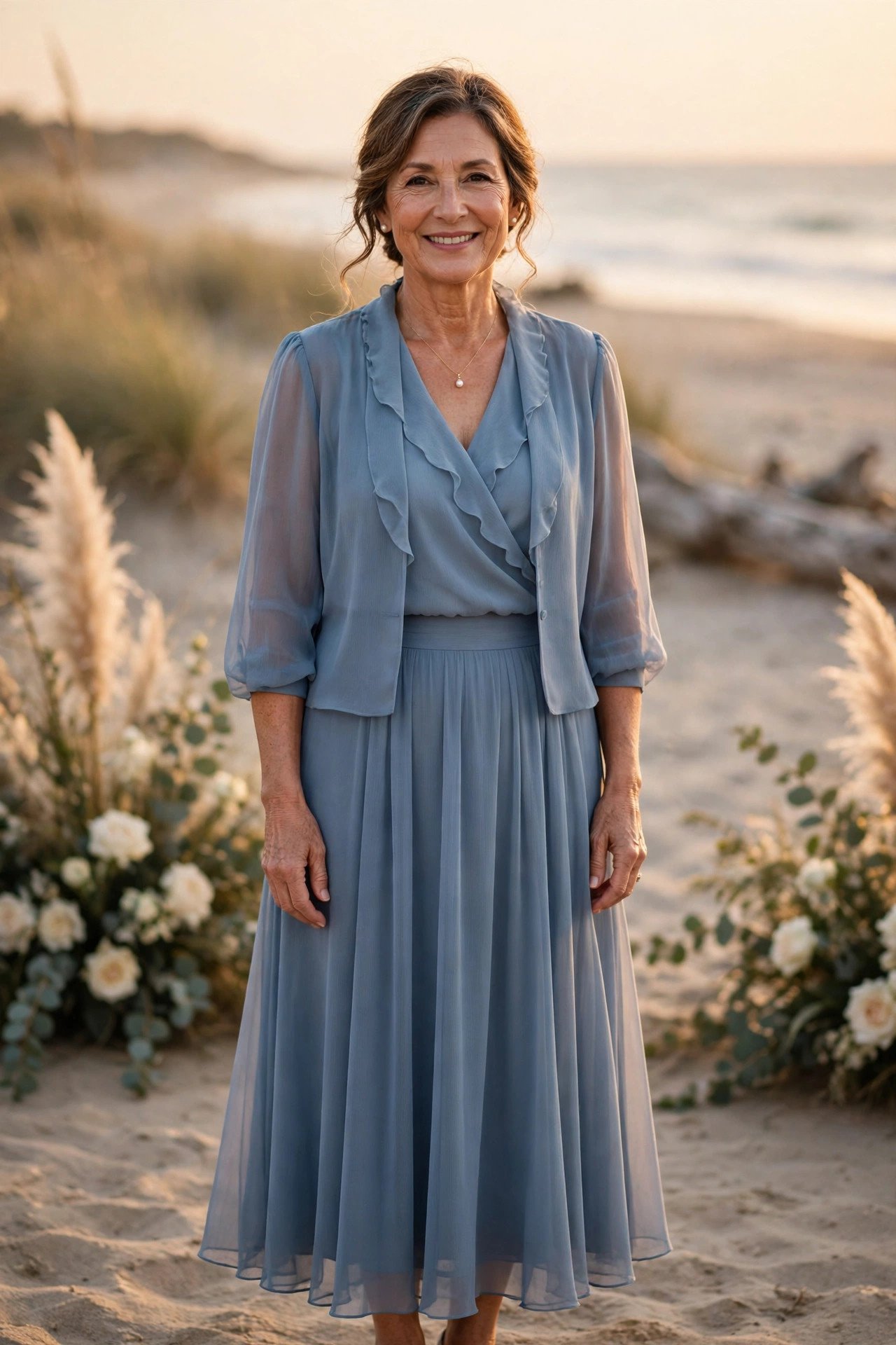 Mother of the groom wearing a dusty blue two-piece chiffon outfit at a beach wedding