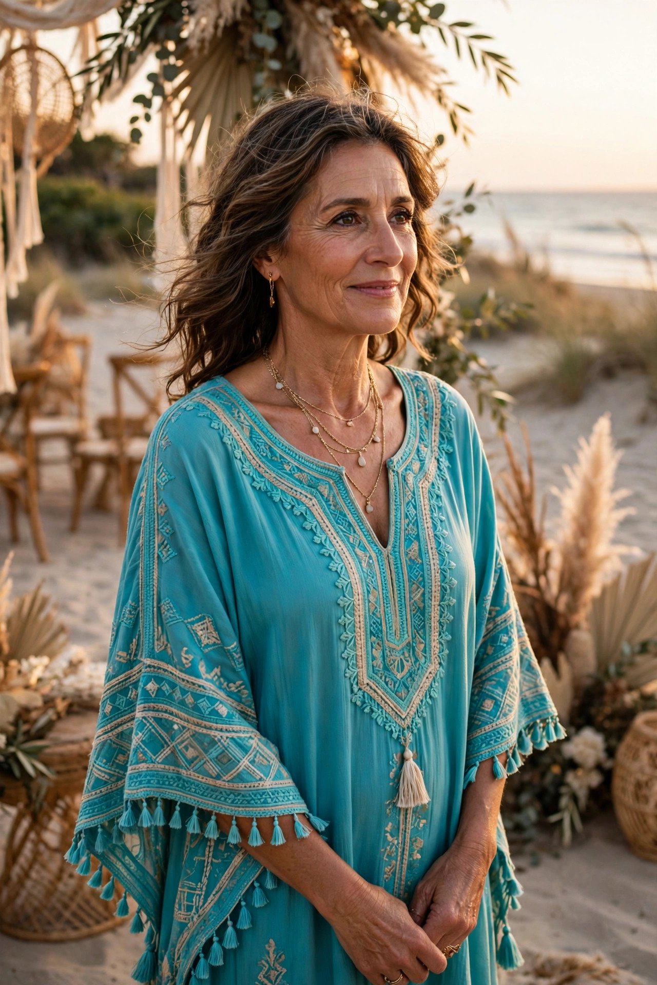 Mother of the groom wearing a turquoise kaftan-style dress at a boho beach wedding