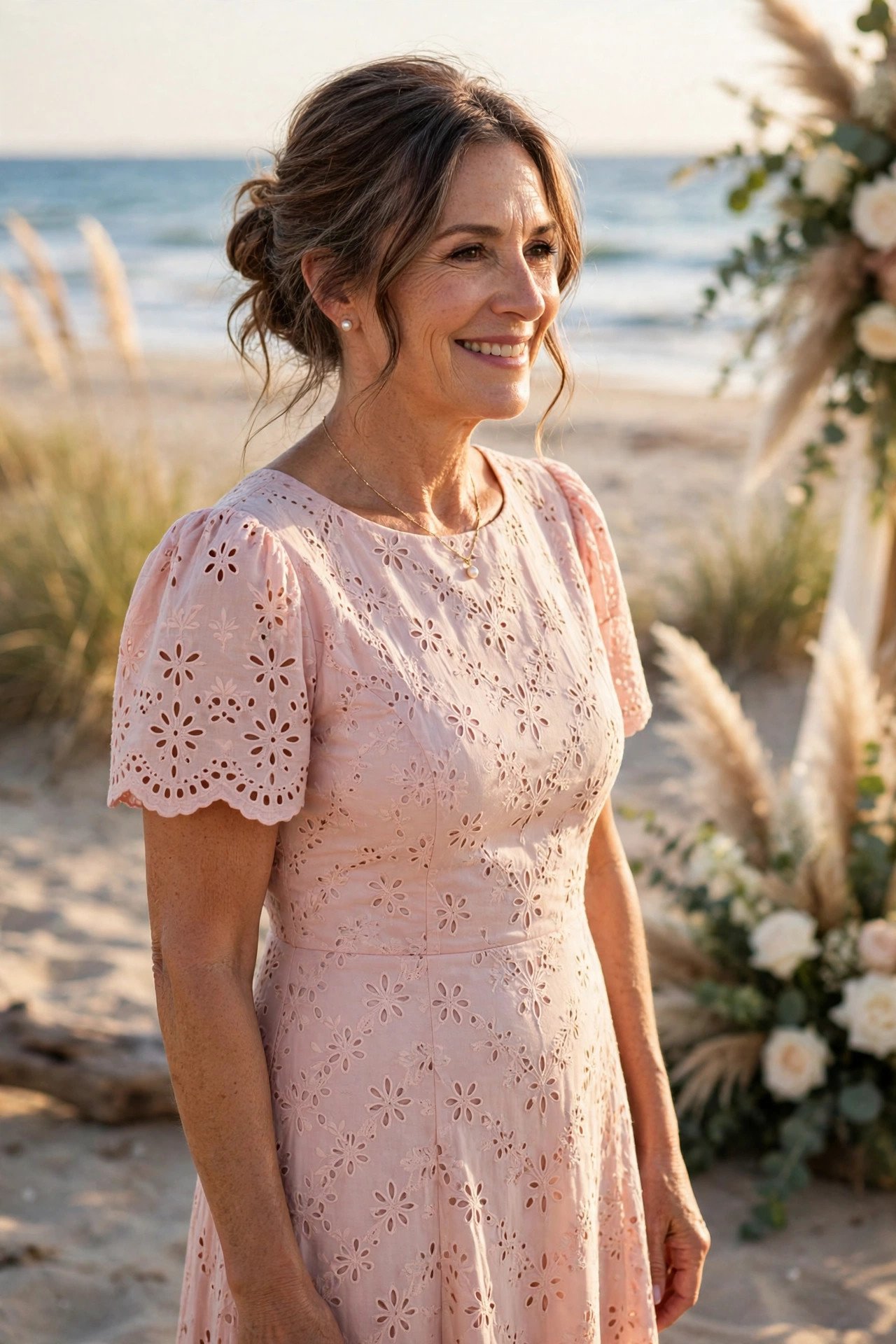 Mother of the groom in a blush pink eyelet midi dress at a daytime beach wedding