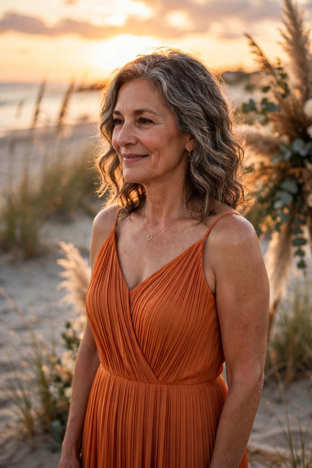 Mother of the groom in a sunset orange pleated dress at an evening beach ceremony