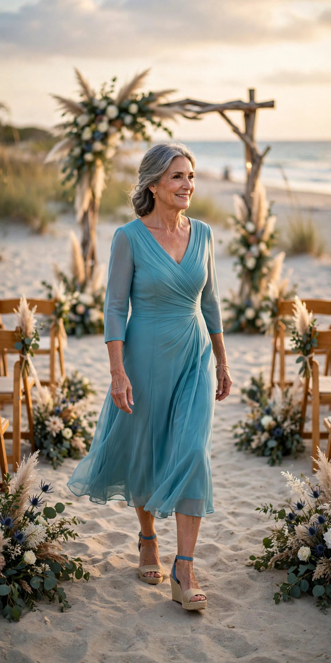 Mother of the groom in an aqua blue dress with wedge sandals walking on a beach wedding aisle