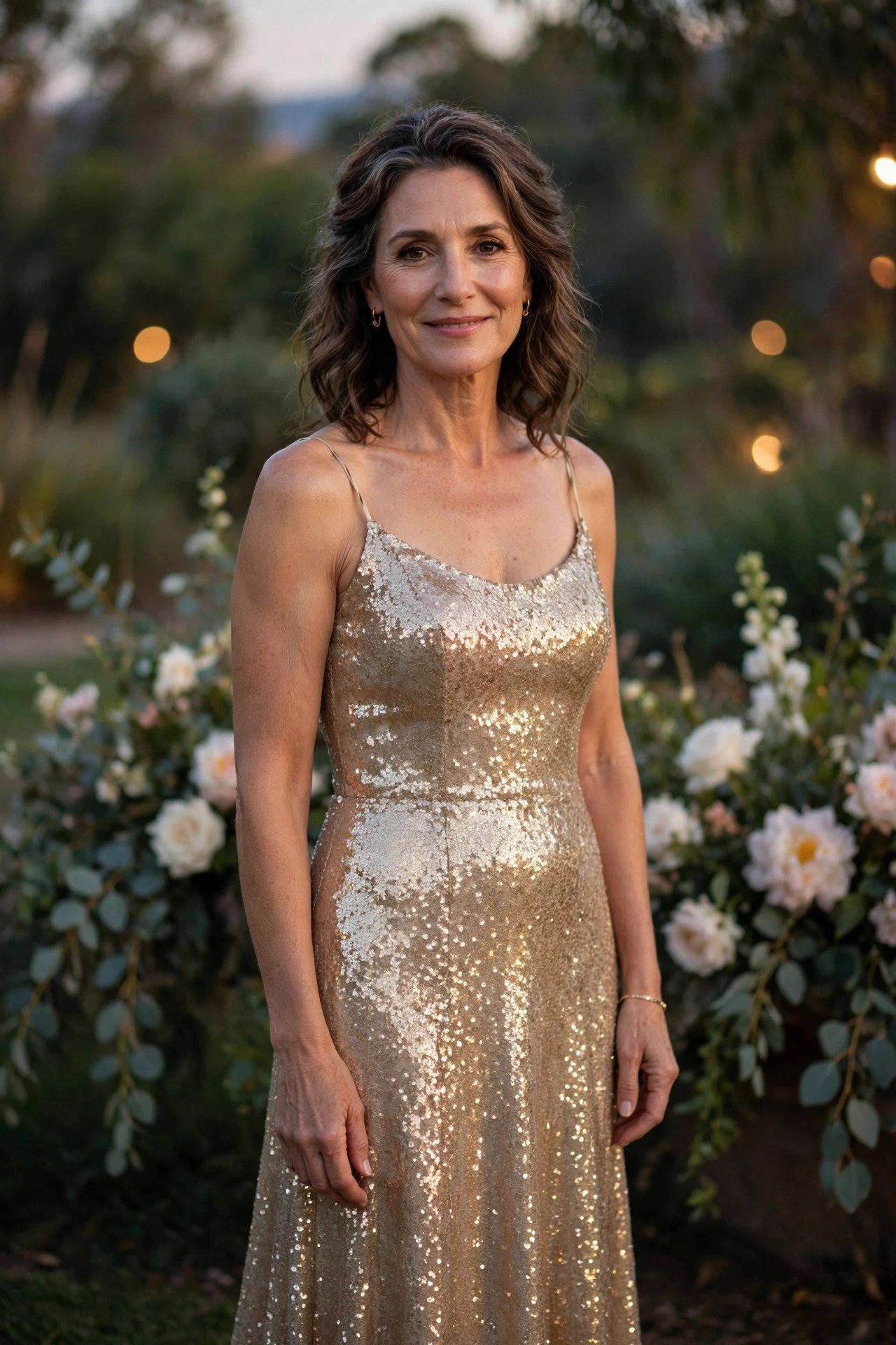 Mother of the bride in a champagne gold sequin floor-length gown at an evening wedding