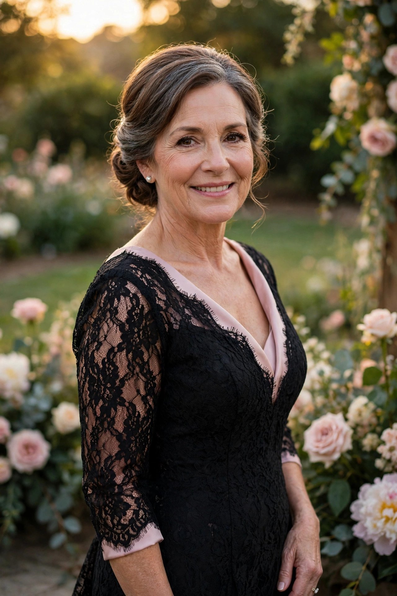 Mother of the bride wearing a black lace gown with a soft lining at a black-tie wedding