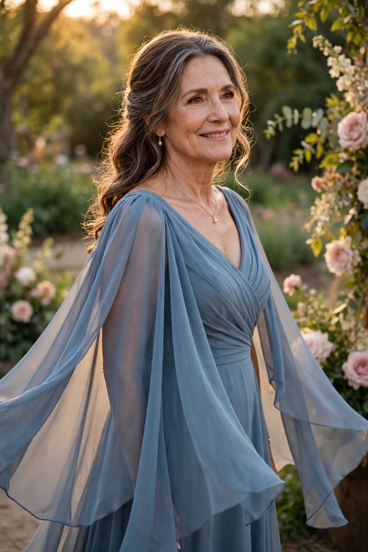 Mother of the bride in a dusty blue chiffon gown with flowing cape sleeves at a romantic wedding