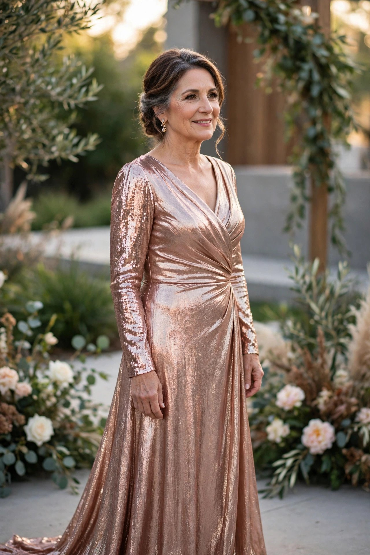Mother of the bride wearing a rose gold metallic floor-length gown at a modern wedding