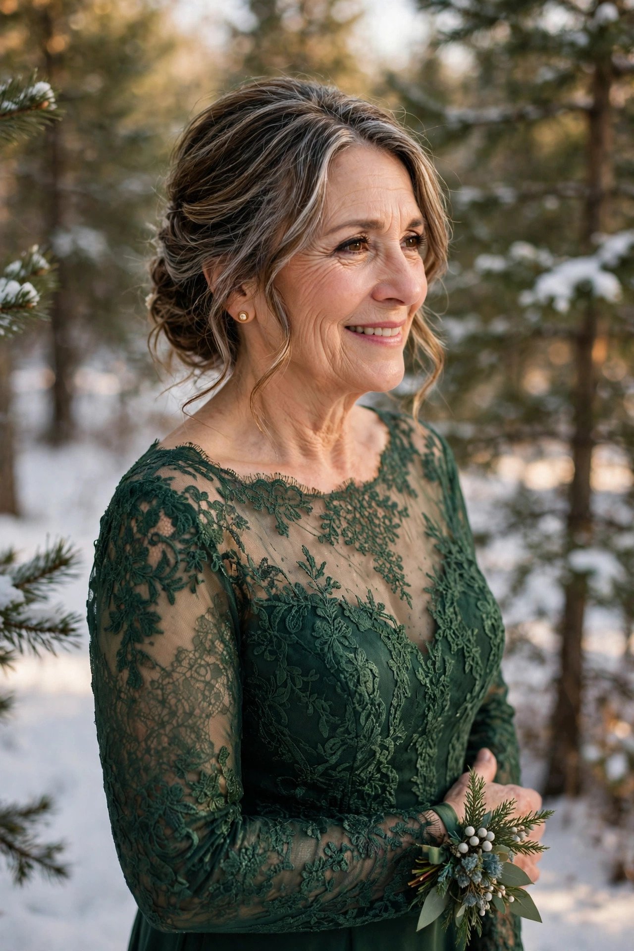 Mother of the bride in a forest green gown with an illusion neckline at a winter wedding