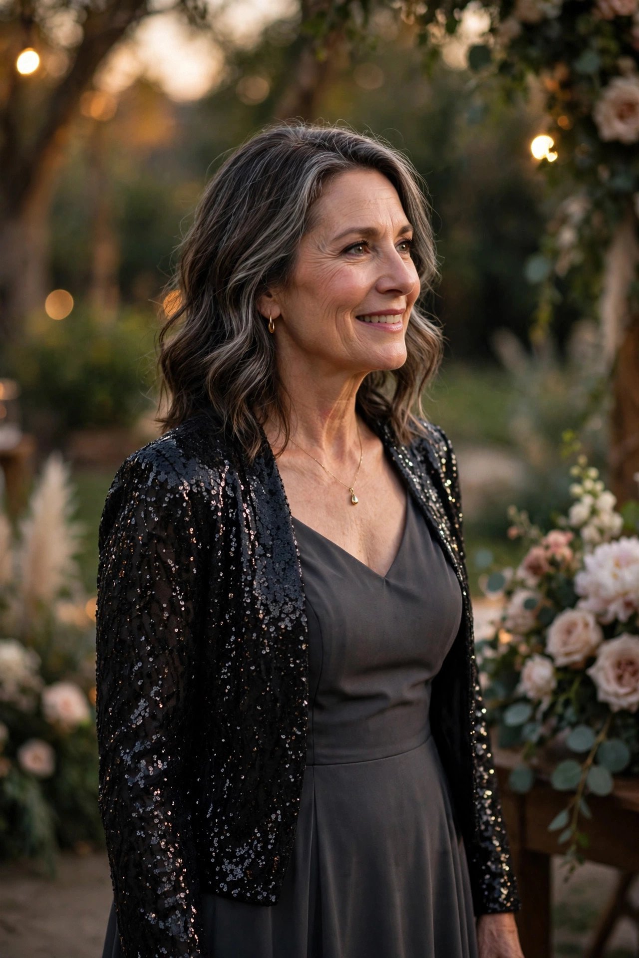 Mother of the bride wearing a charcoal gown with a sequin jacket at an evening wedding