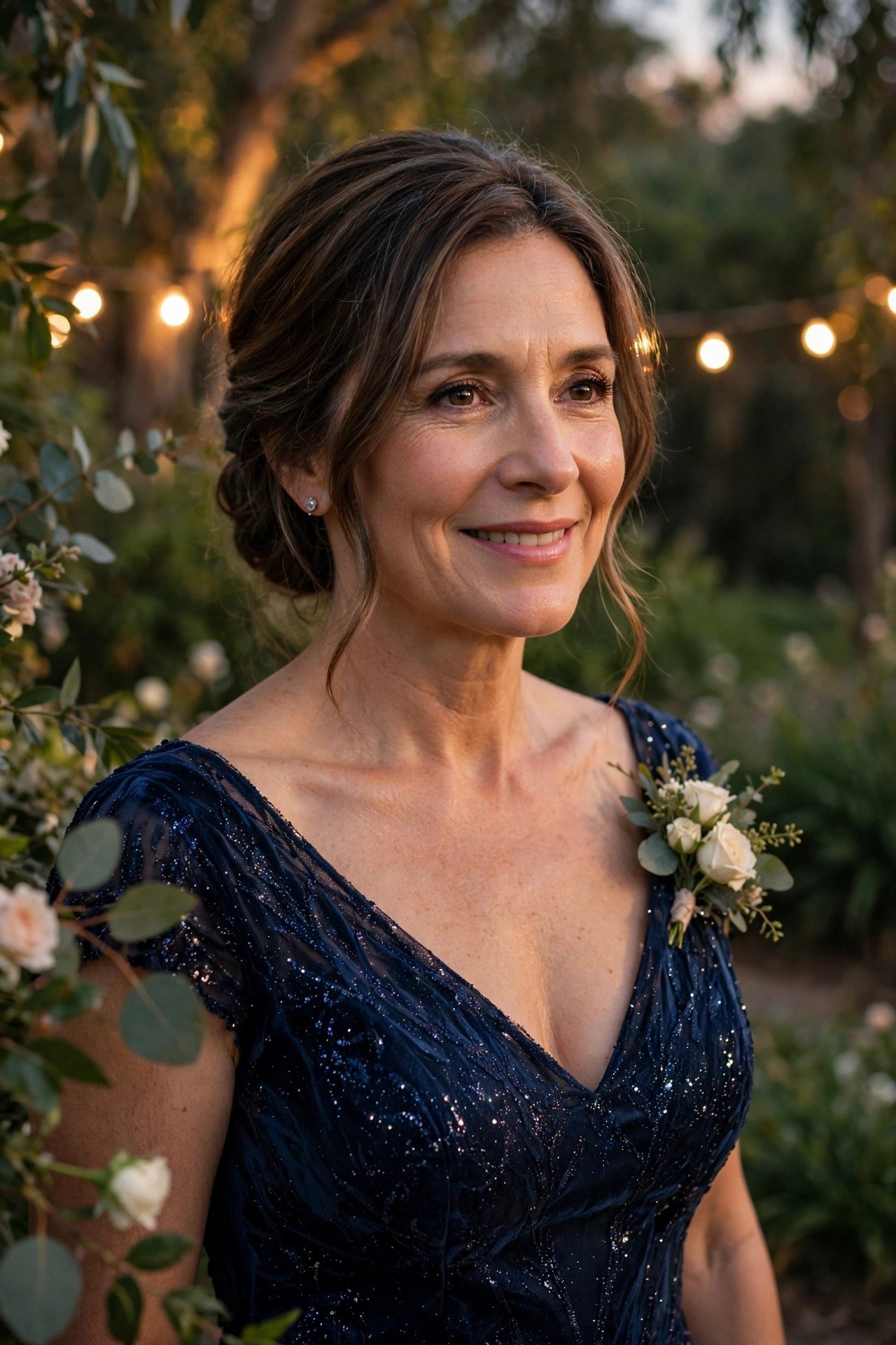 Mother of the bride wearing a midnight blue gown with delicate sparkle under evening lights