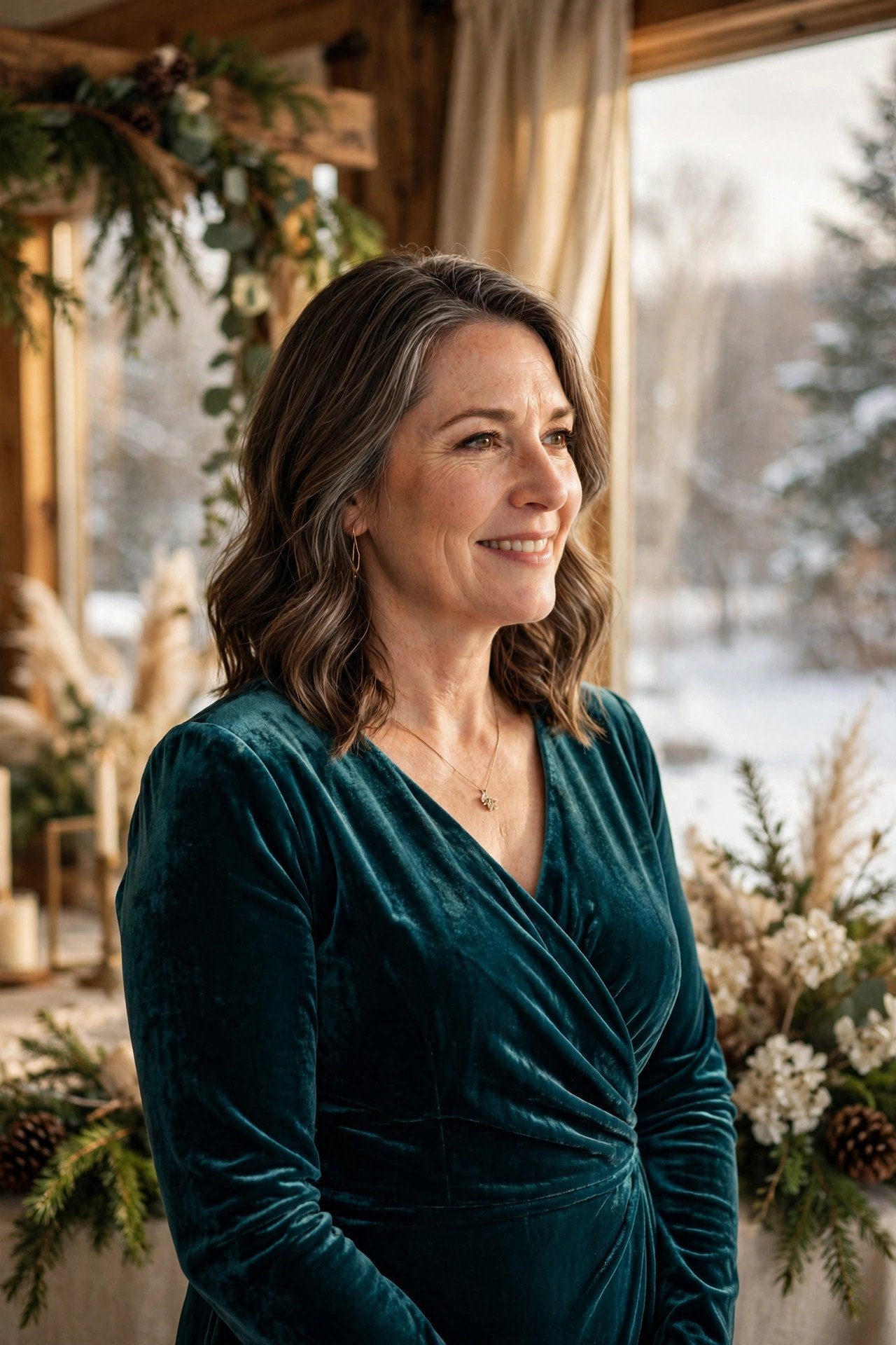 Mother of the bride wearing a teal velvet gown with long sleeves at a winter wedding