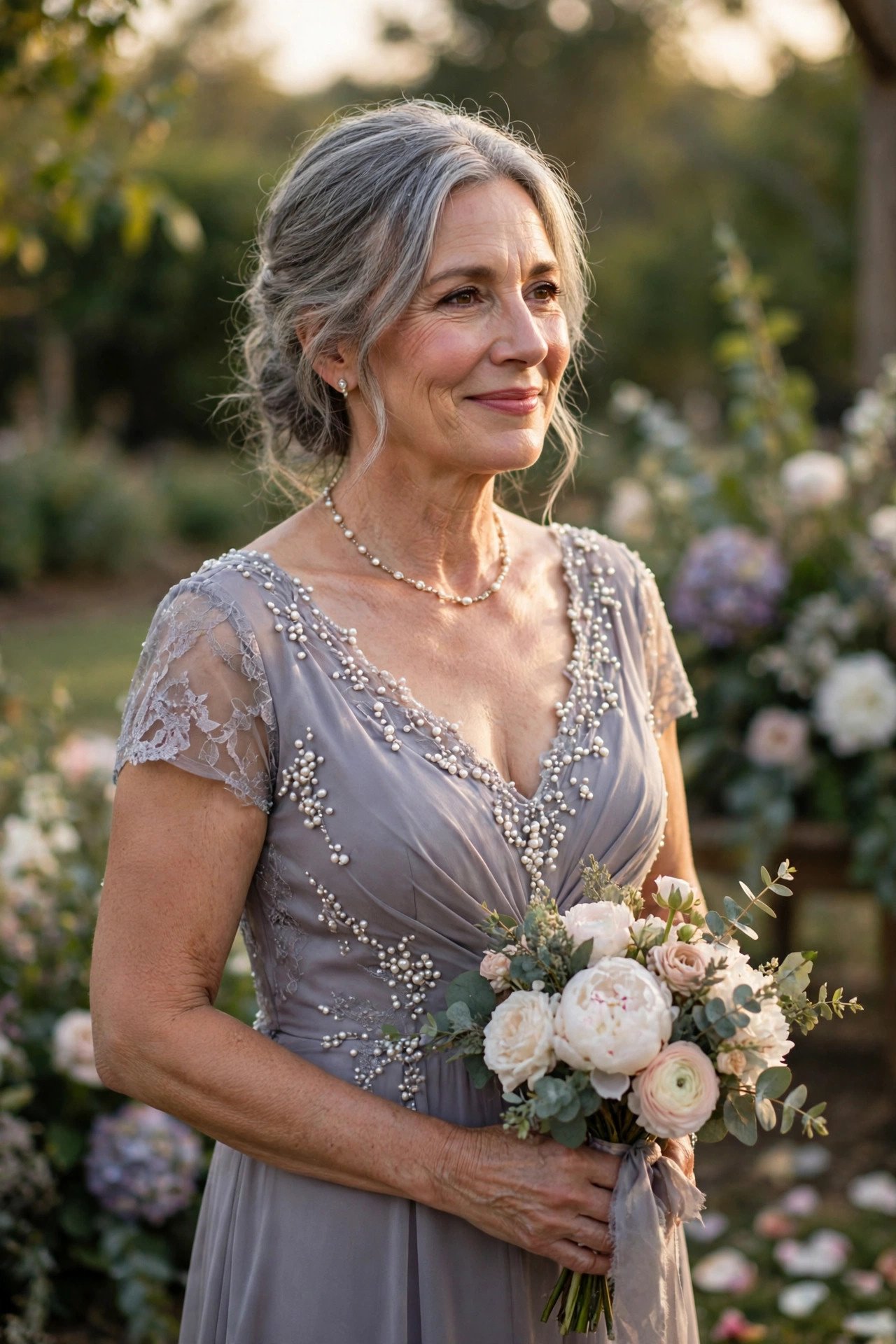 Mother of the bride wearing a lavender gray gown with pearl beading at a timeless wedding