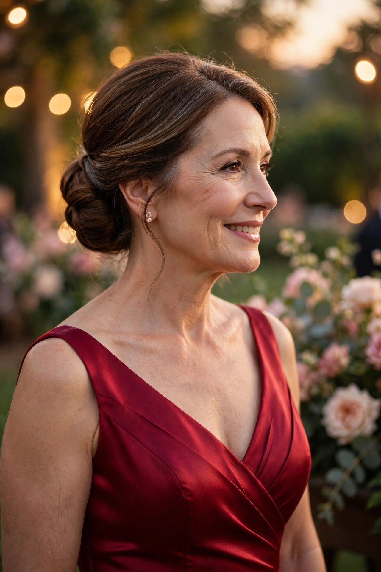 Mother of the bride in a ruby red satin gown at a gala evening wedding