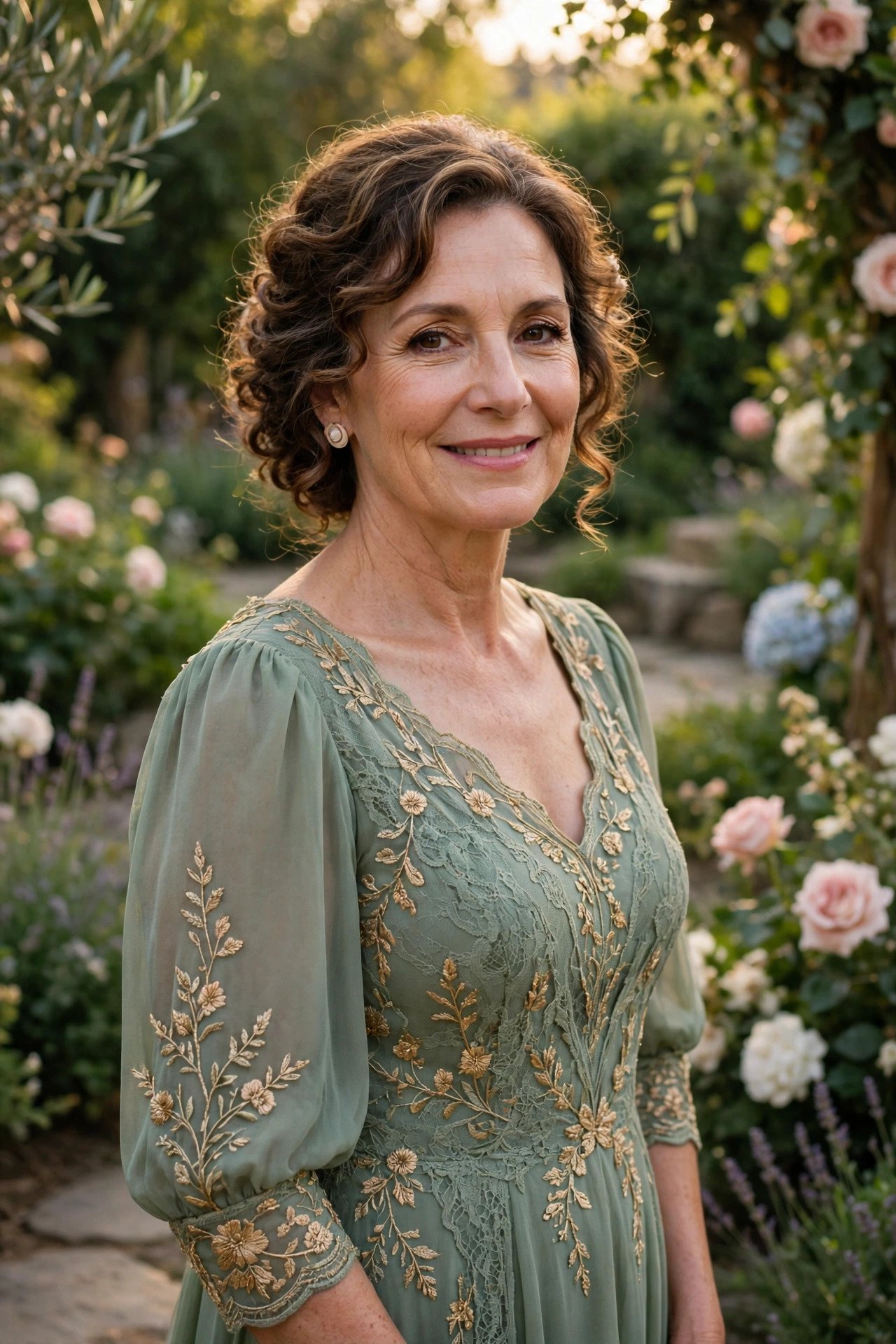 Mother of the bride wearing a sage gown with gold embroidery at a garden-formal wedding