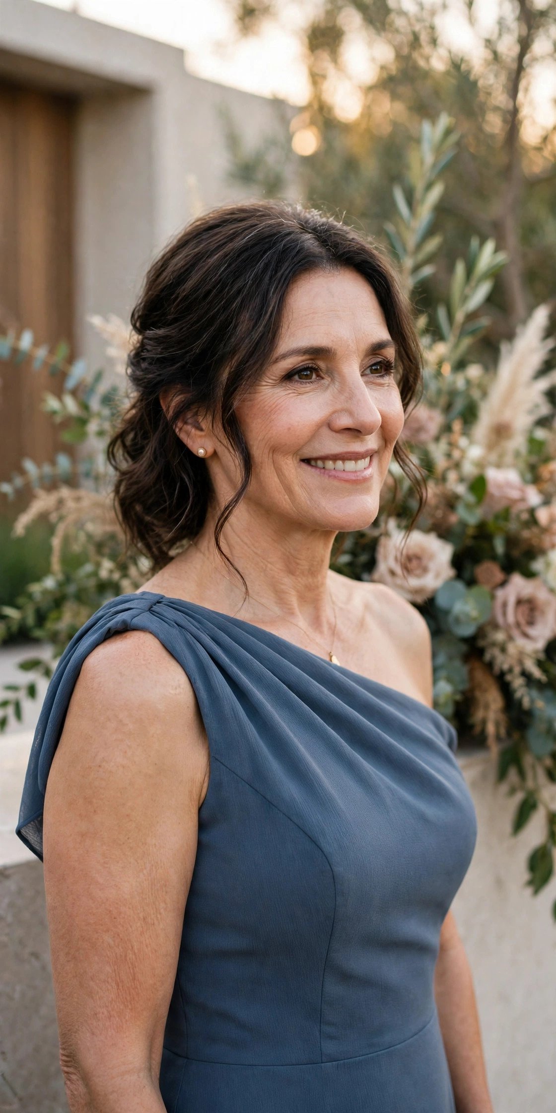 Mother of the bride in a slate blue gown with an asymmetric neckline at a modern formal wedding