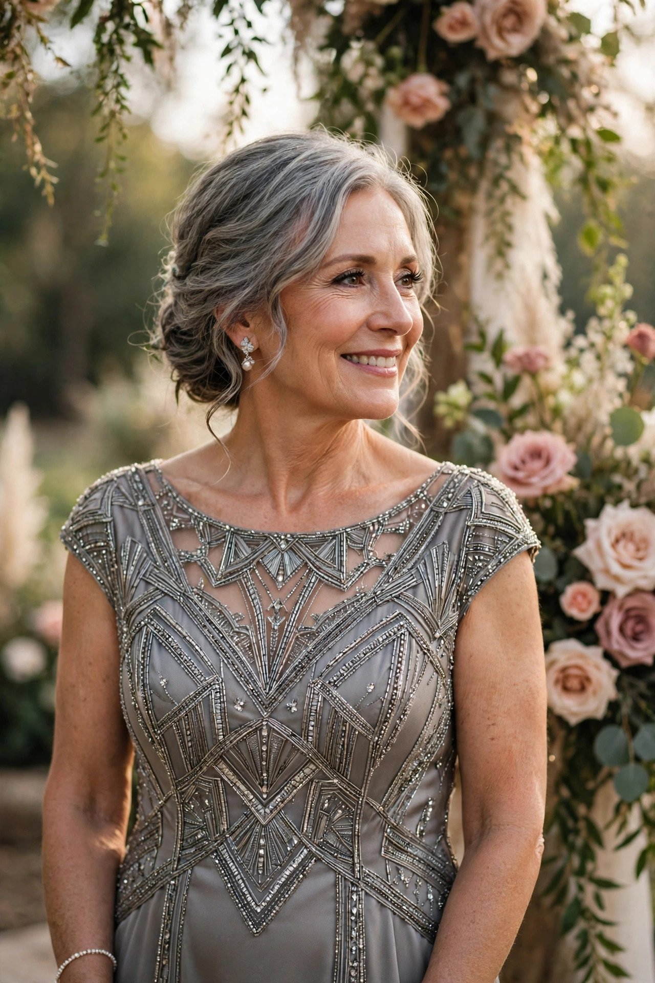 Mother of the bride wearing a pewter gown with art-deco beading at a glamorous wedding
