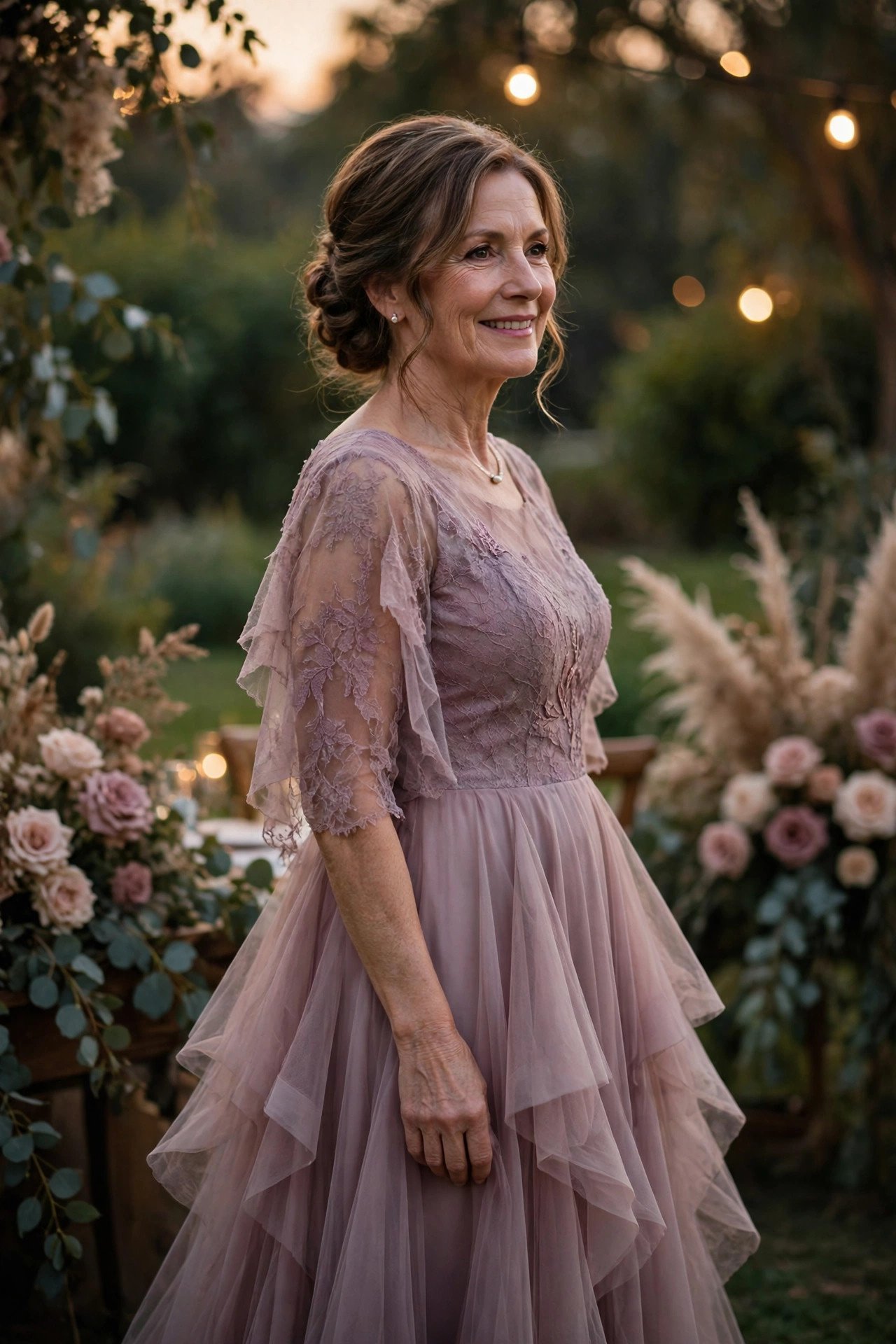 Mother of the bride in a soft mauve gown with a layered skirt at a romantic evening wedding