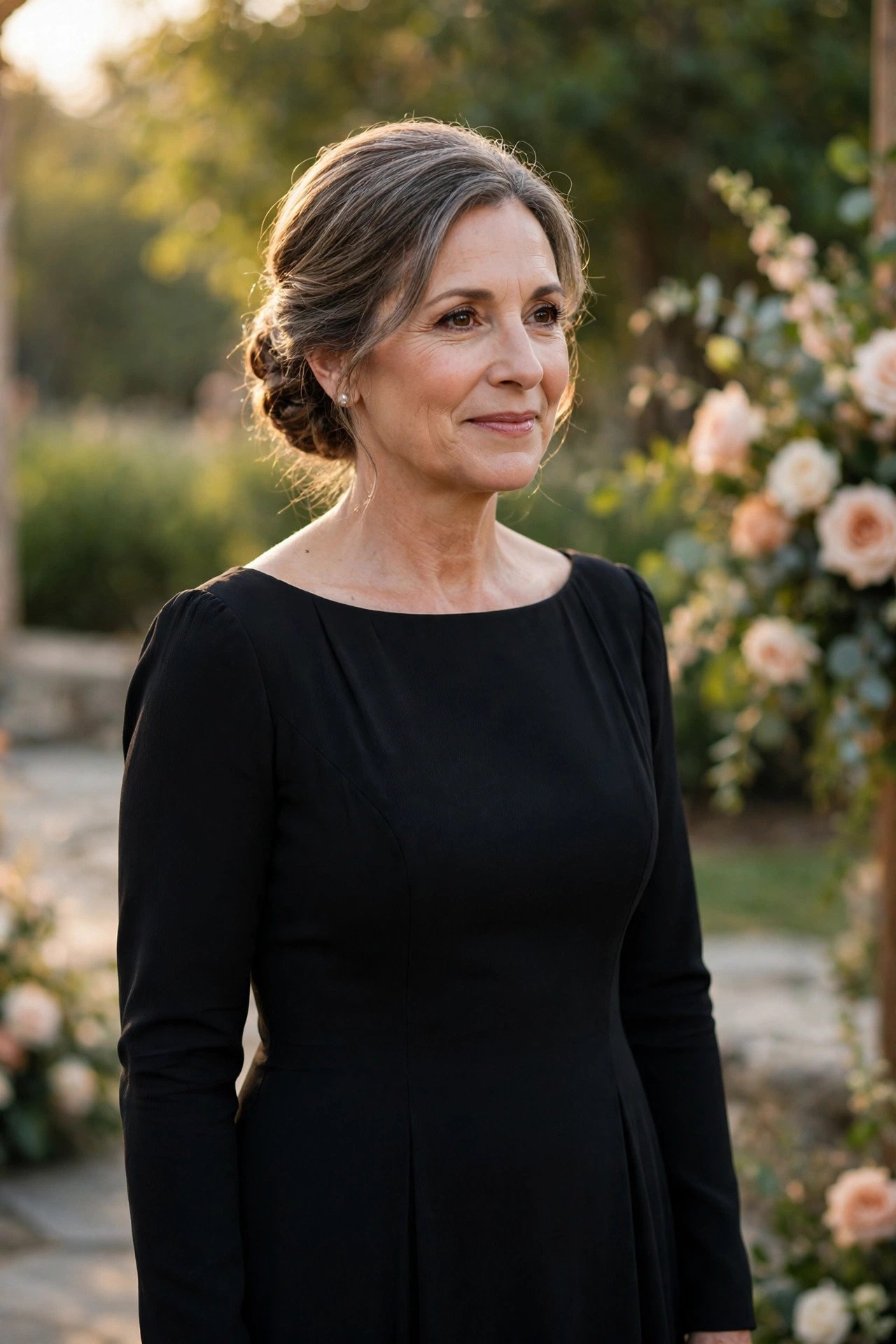 Mother of the bride wearing a timeless matte black crepe gown at a formal wedding