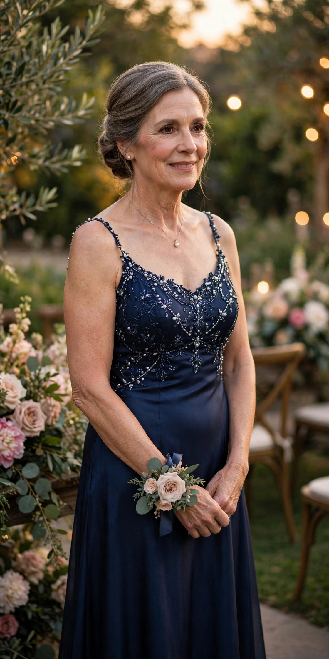 Mother of the bride in an elegant navy silk floor-length gown with a beaded bodice at a formal evening wedding