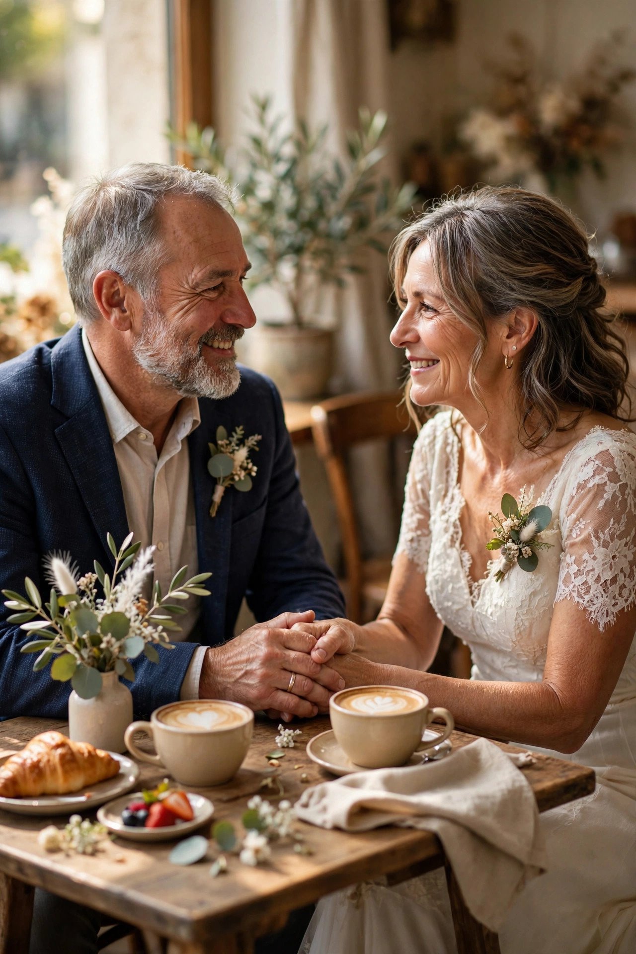 A couple recreating their first date at a small café table before their vow renewal