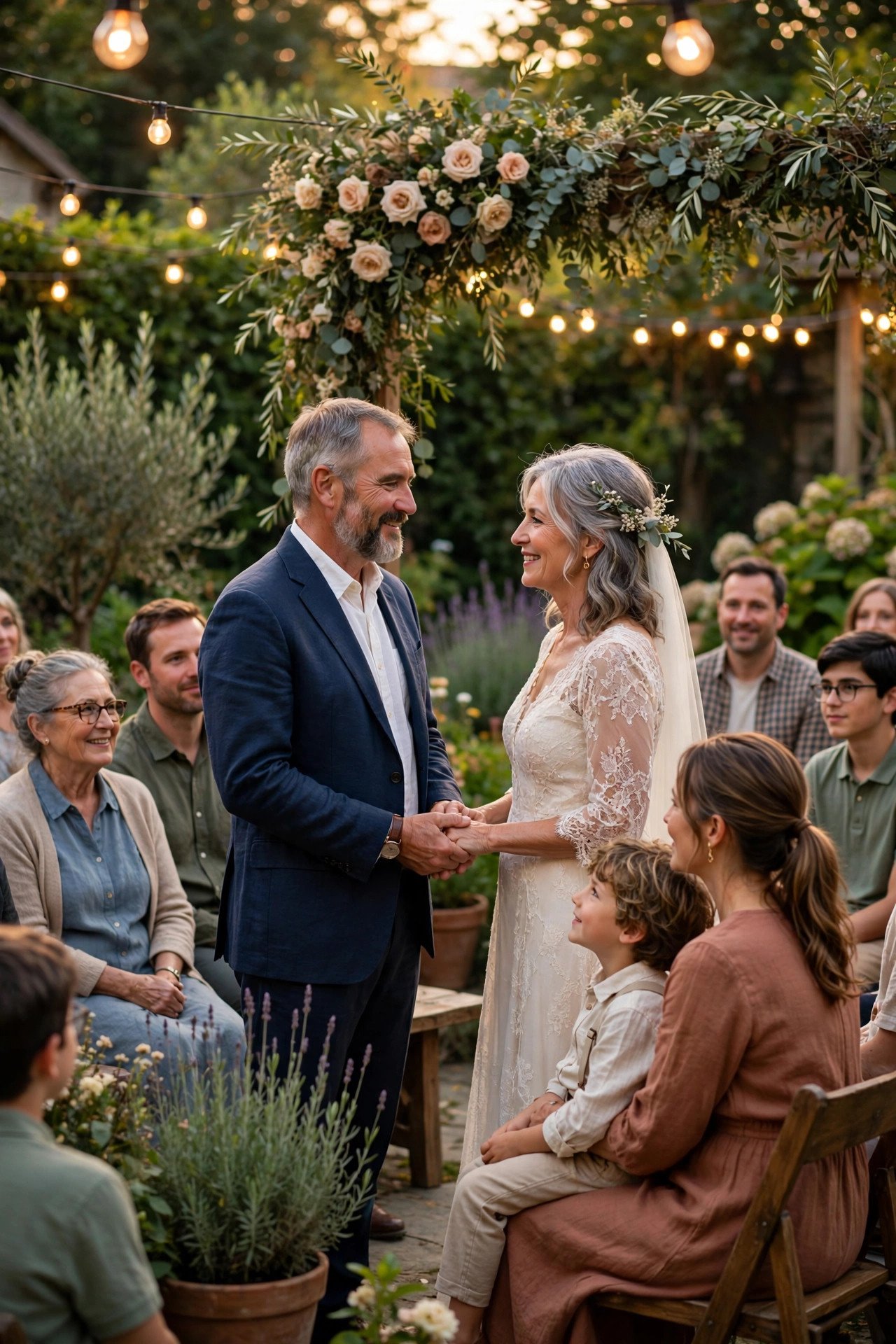 A couple renewing vows in their garden under string lights with family seated around them