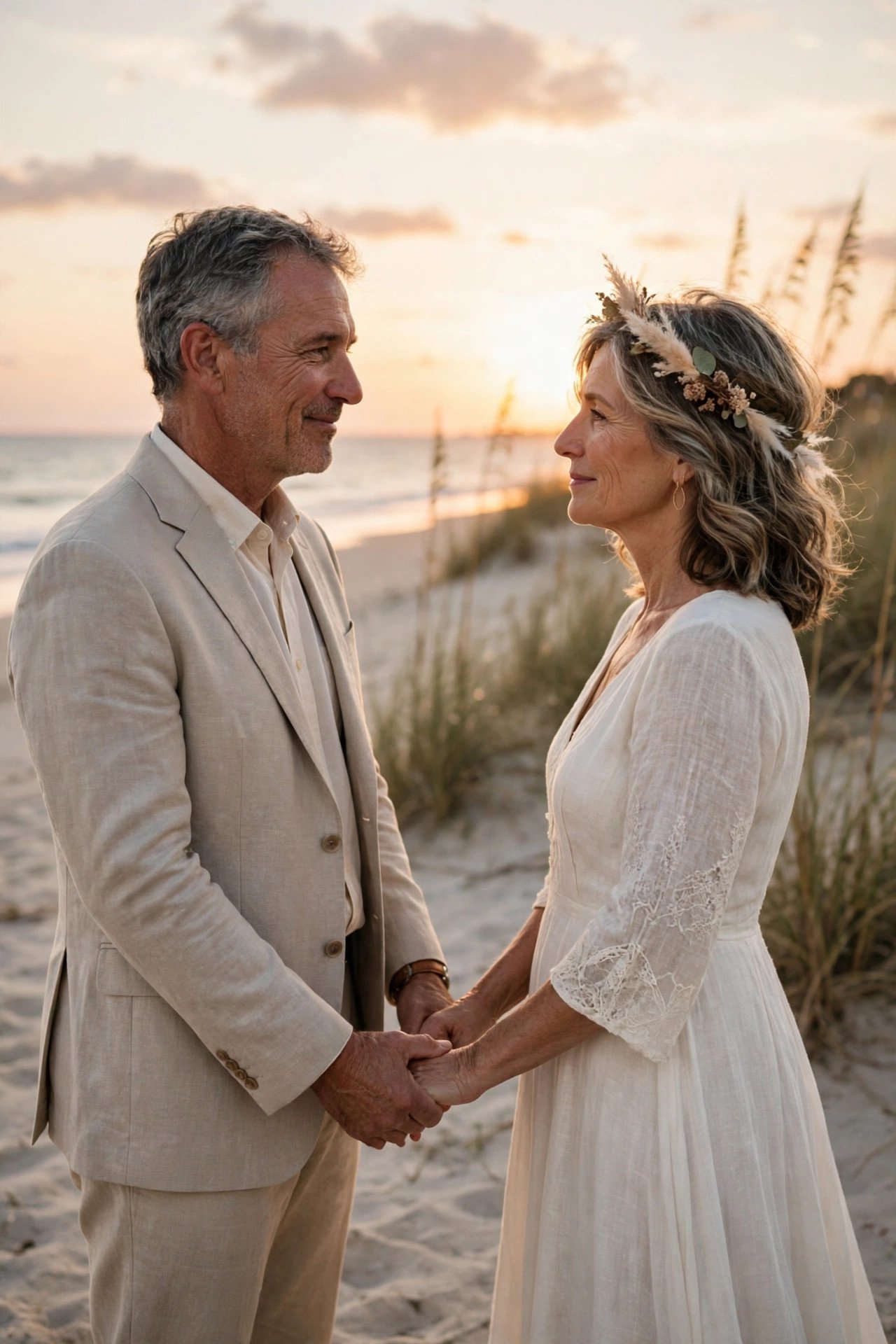 A couple holding hands renewing their vows on a beach at sunset