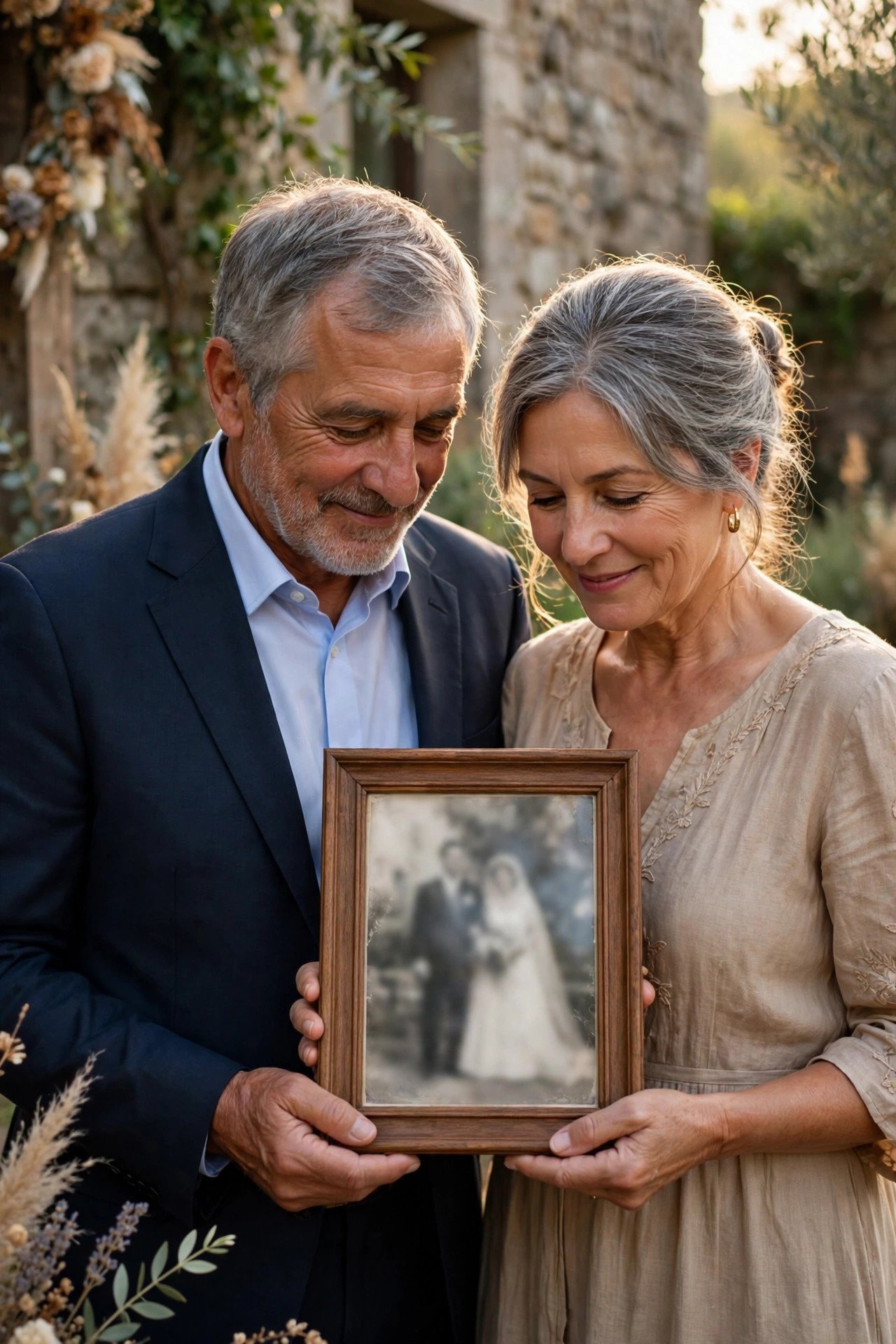 A couple standing at the venue where they were married, holding their original wedding photo