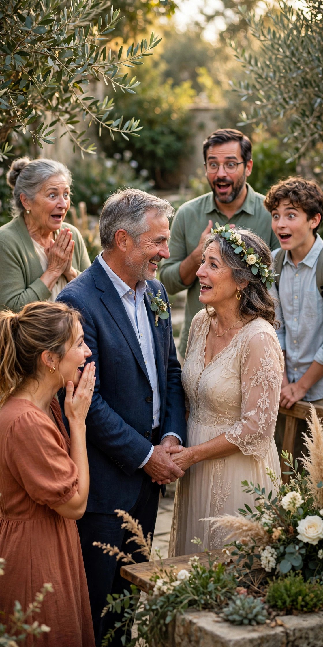 Family guests reacting with joyful surprise as a couple begins an unexpected vow renewal ceremony