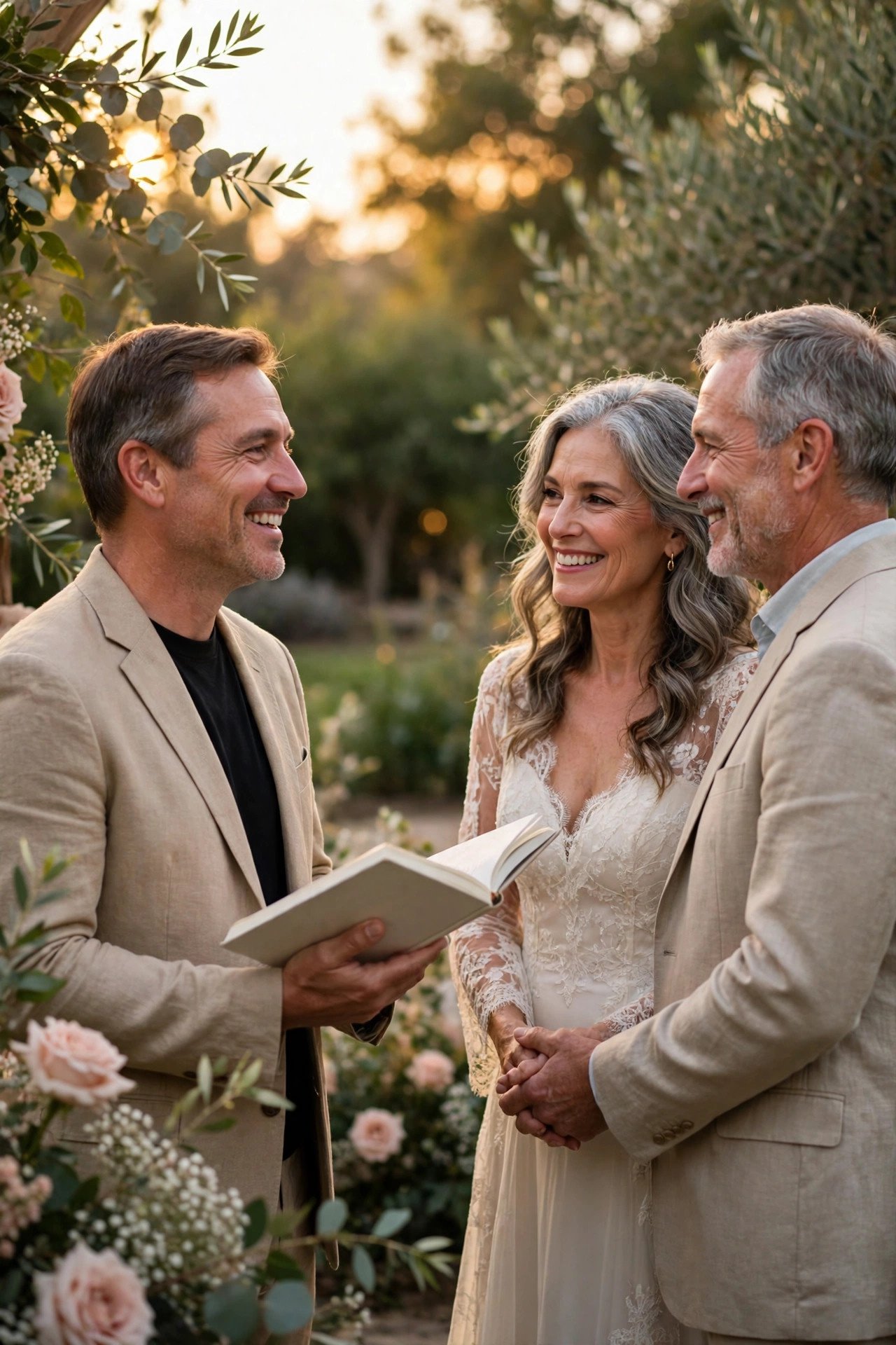 An officiant smiling as they lead a couple's vow renewal ceremony