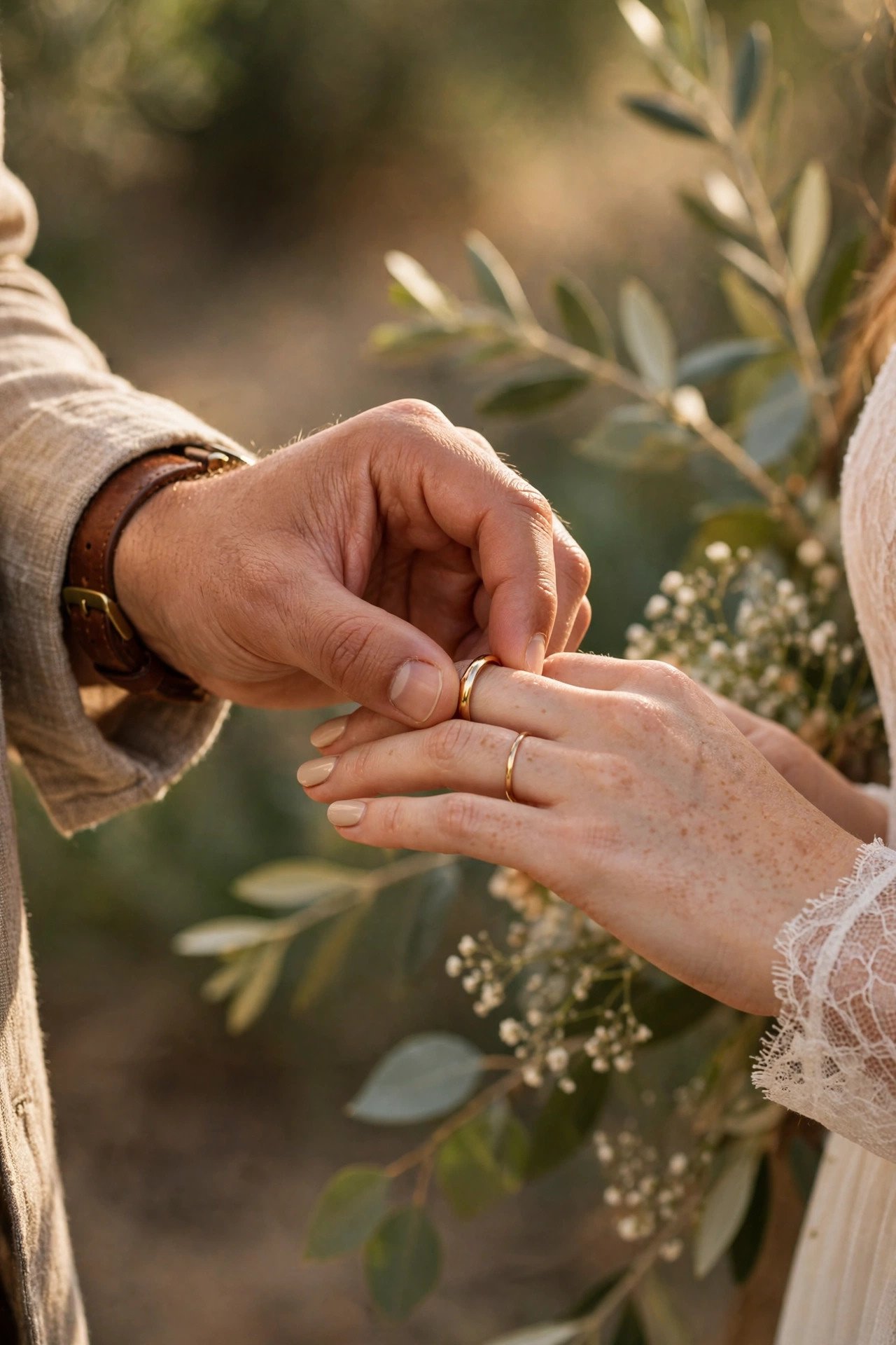 Close view of hands exchanging rings during a vow renewal ceremony