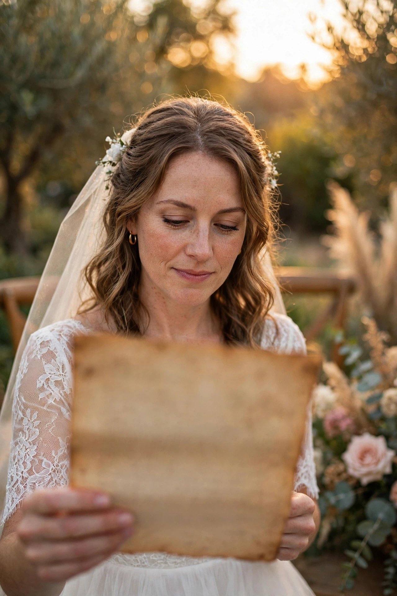 A partner reading from an old handwritten letter during a vow renewal