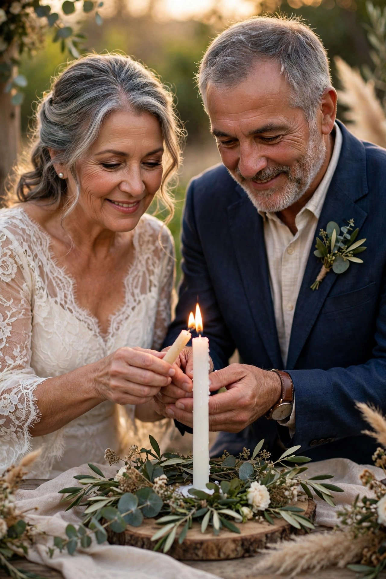 A couple lighting a unity candle together during their vow renewal