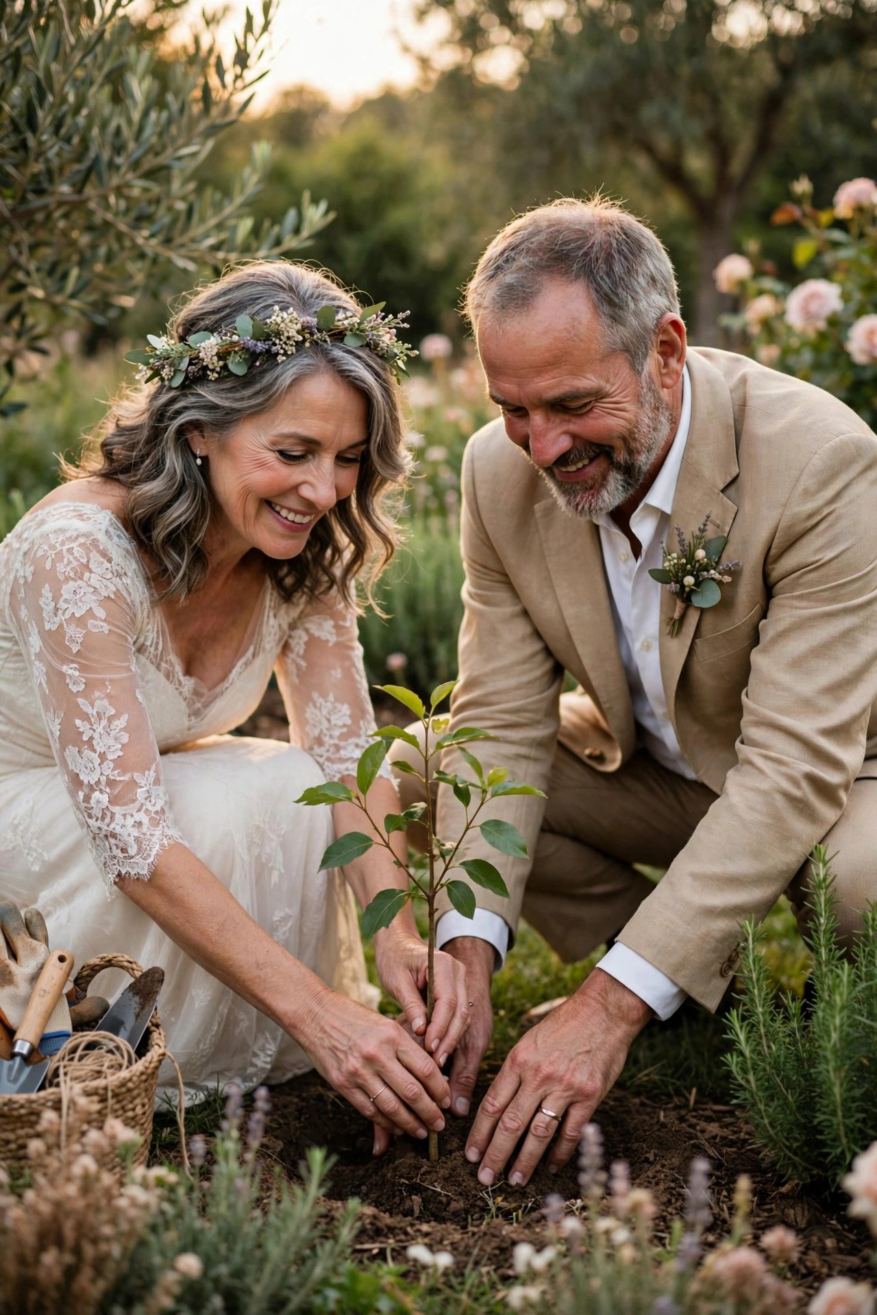 A couple planting a young tree together after their vow renewal ceremony