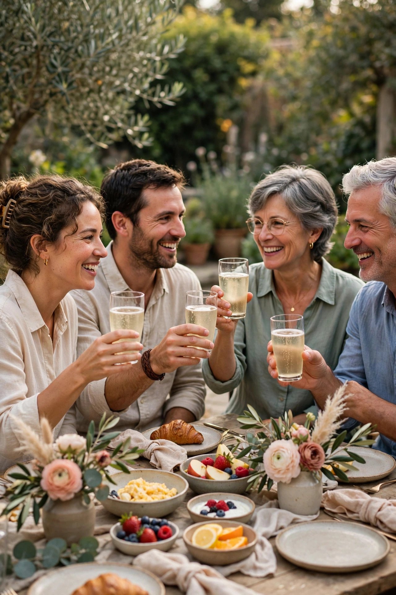Guests raising glasses of sparkling cider in a toast at a vow renewal brunch