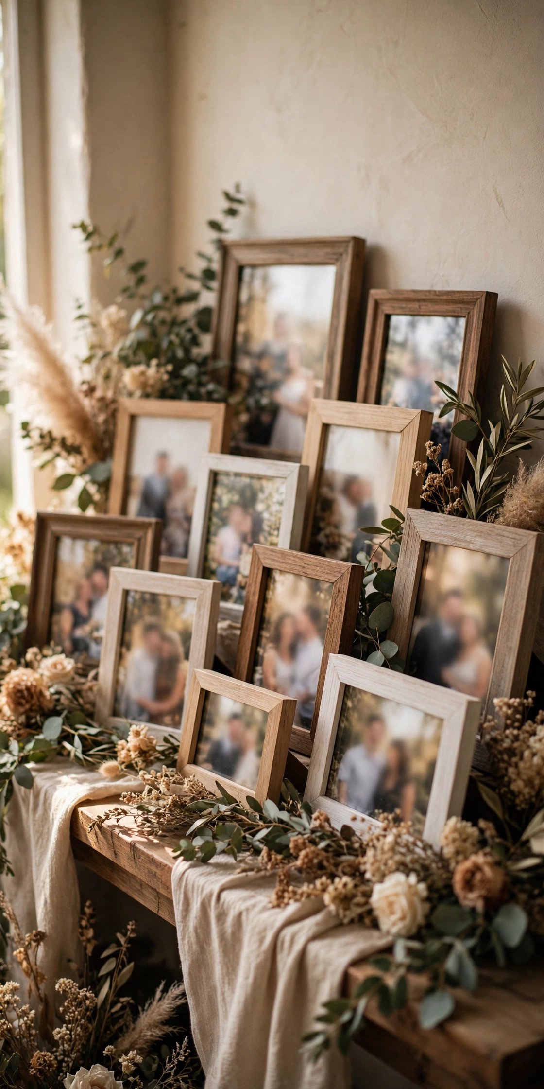 A display of framed family photographs from across the decades at a vow renewal