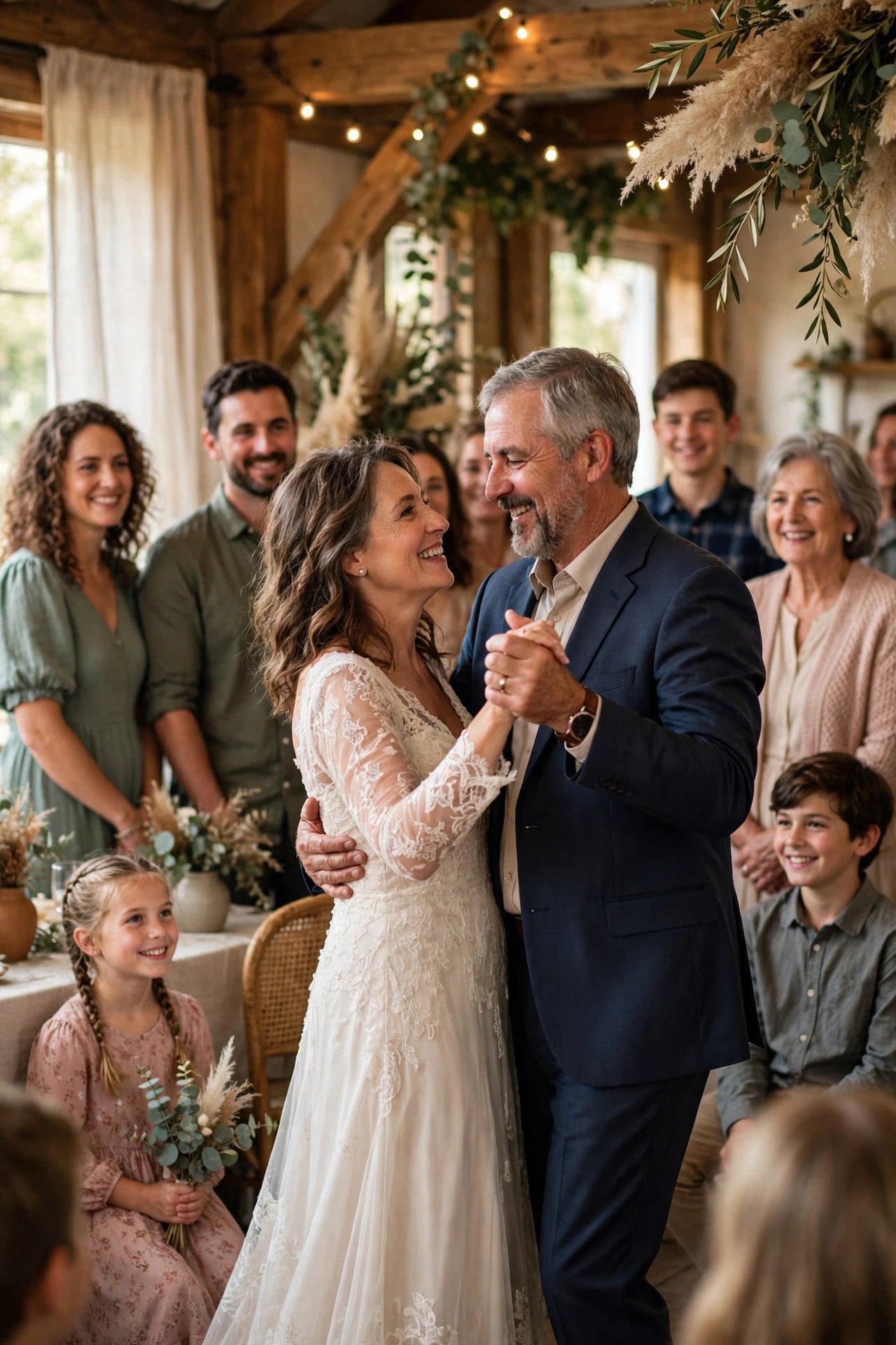 A couple sharing a first dance at their vow renewal reception surrounded by family