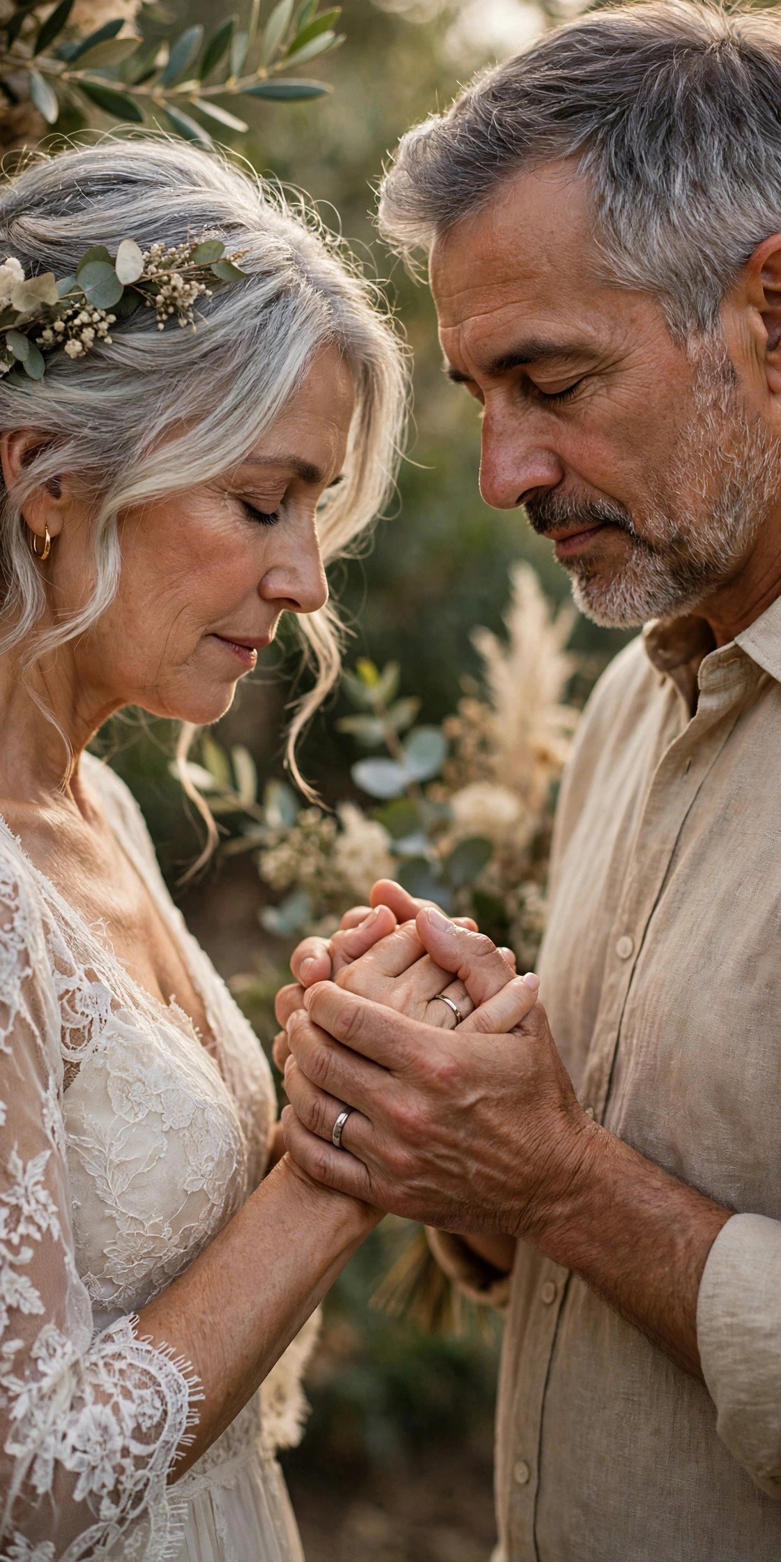 Close view of a couple holding hands during a blessing reading at their renewal