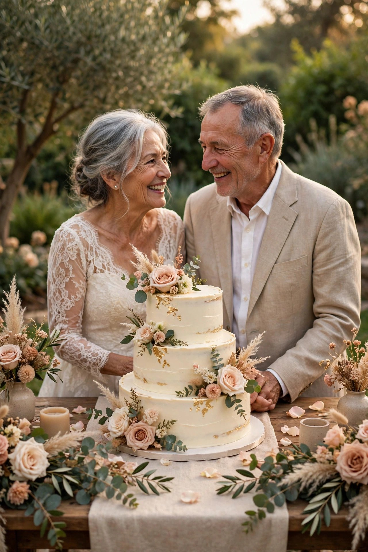 A golden anniversary celebration with a 50th anniversary cake at a vow renewal