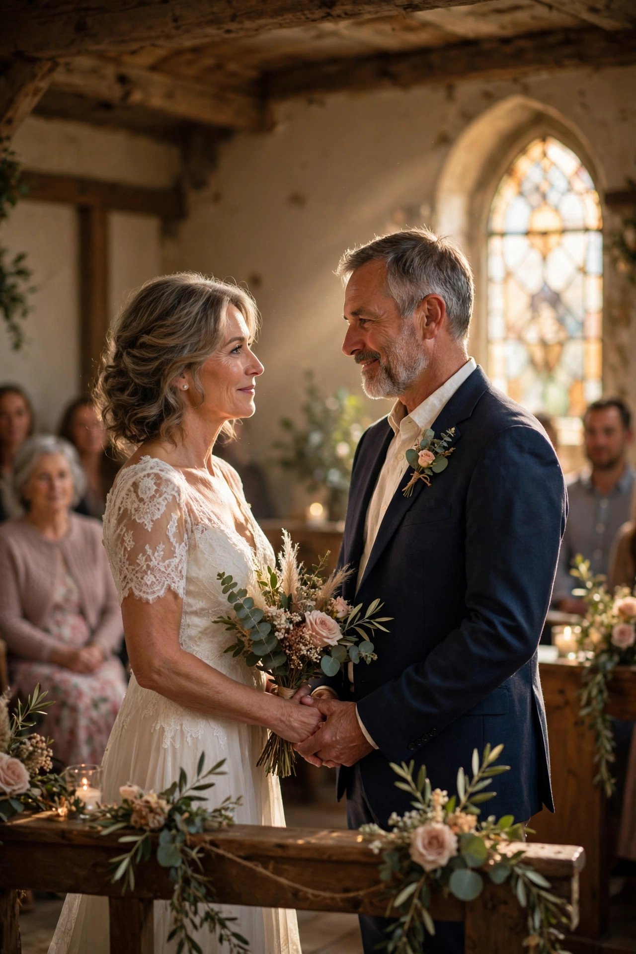 A couple renewing vows in a small chapel before a family celebration
