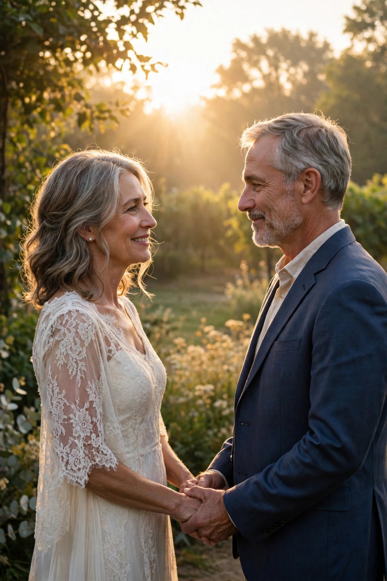 A couple renewing their vows at sunrise with soft early light behind them
