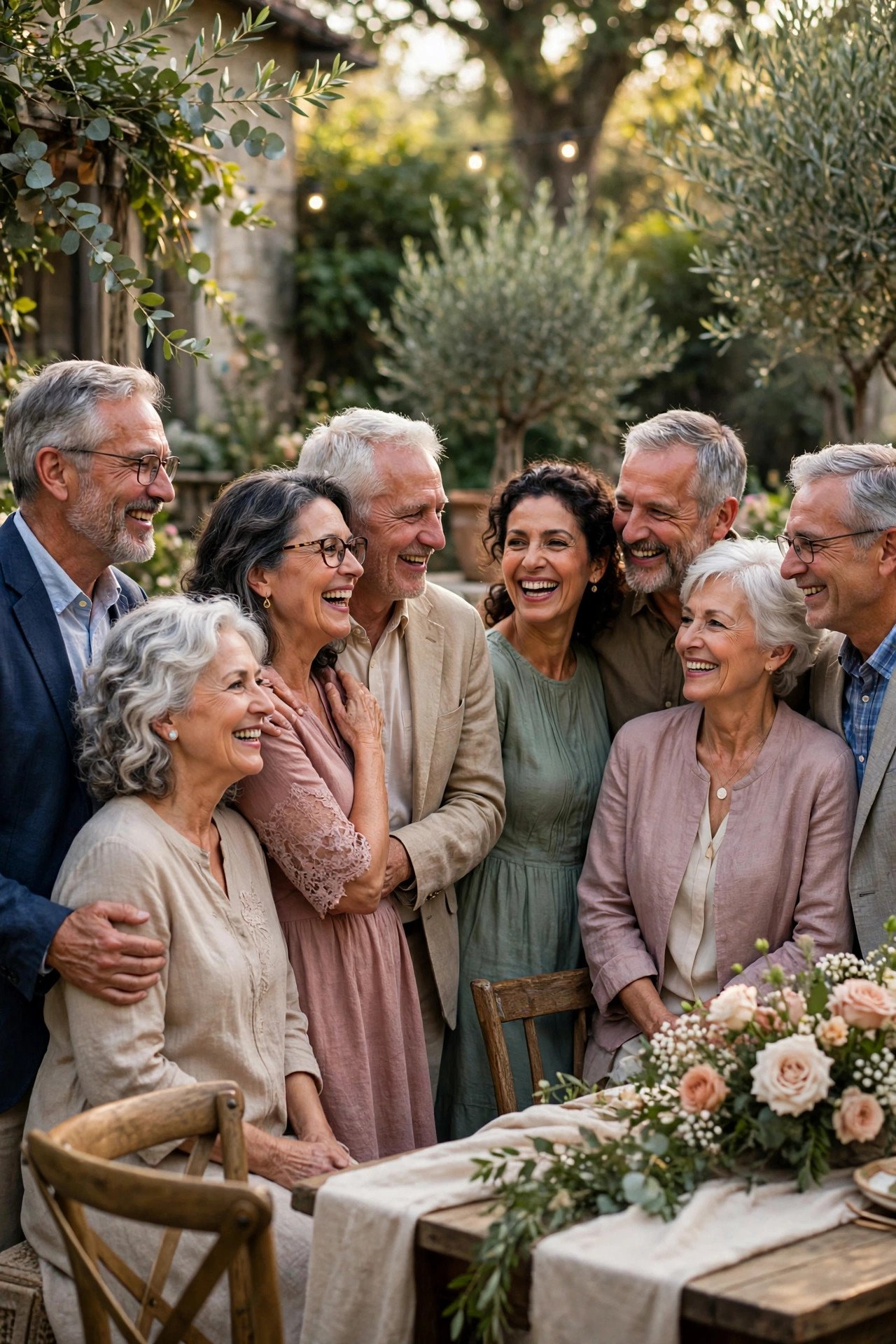 Several couples celebrating together at a shared milestone vow renewal party