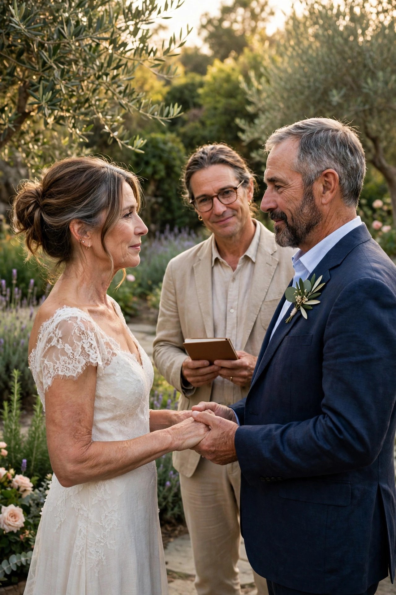A couple exchanging quiet private vows in a garden with only an officiant present