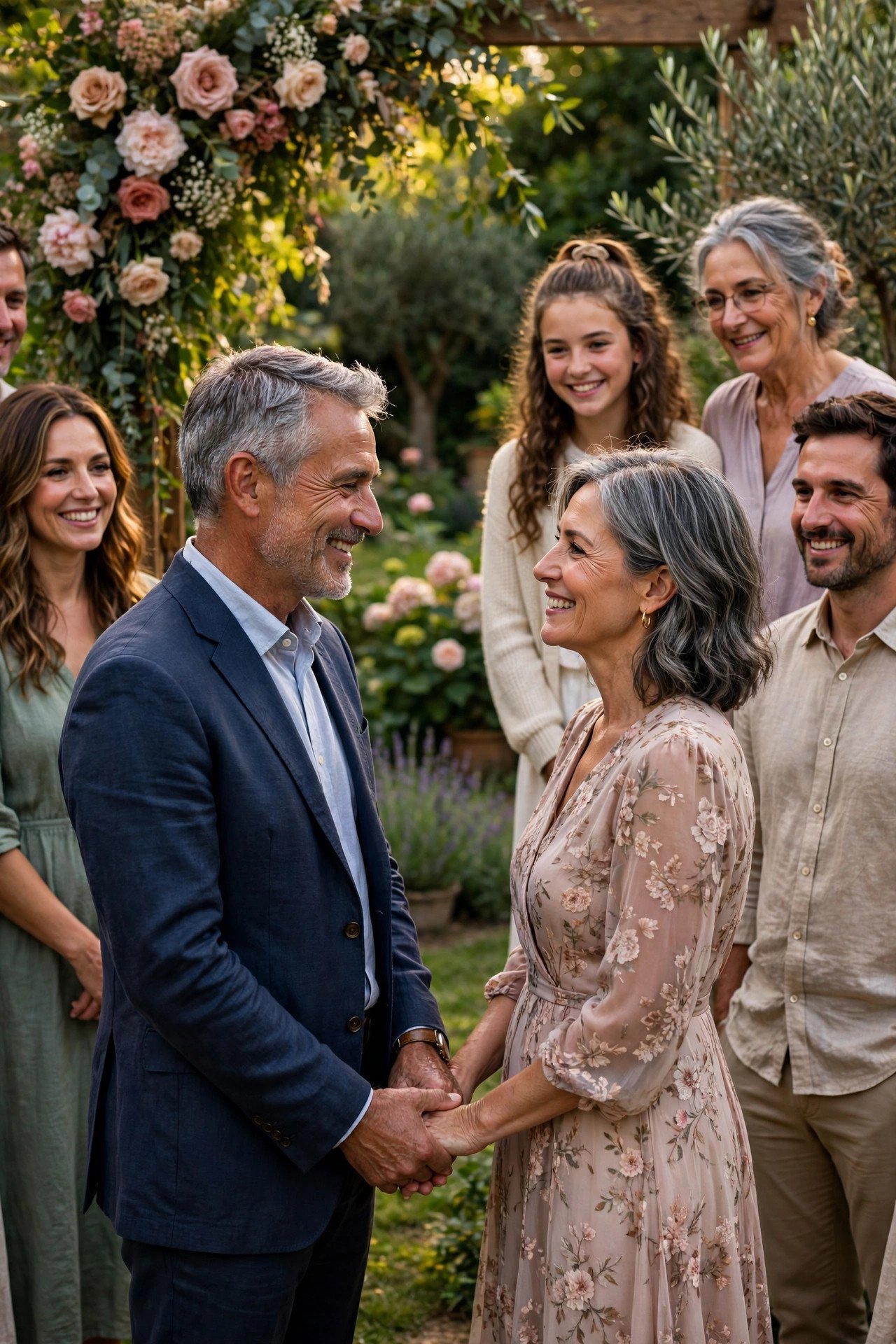 A couple renewing their wedding vows in a garden ceremony surrounded by family, holding hands and smiling